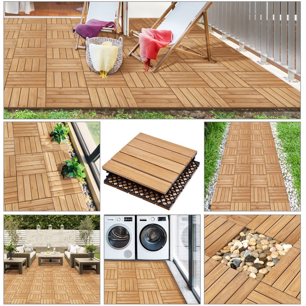 Yaheetech Holzfliesen 11 Stück 30 × 30 cm Bodenfliesen aus Tannenholz, 1qm Bodenbelag, Klicksystem, Wetterfest