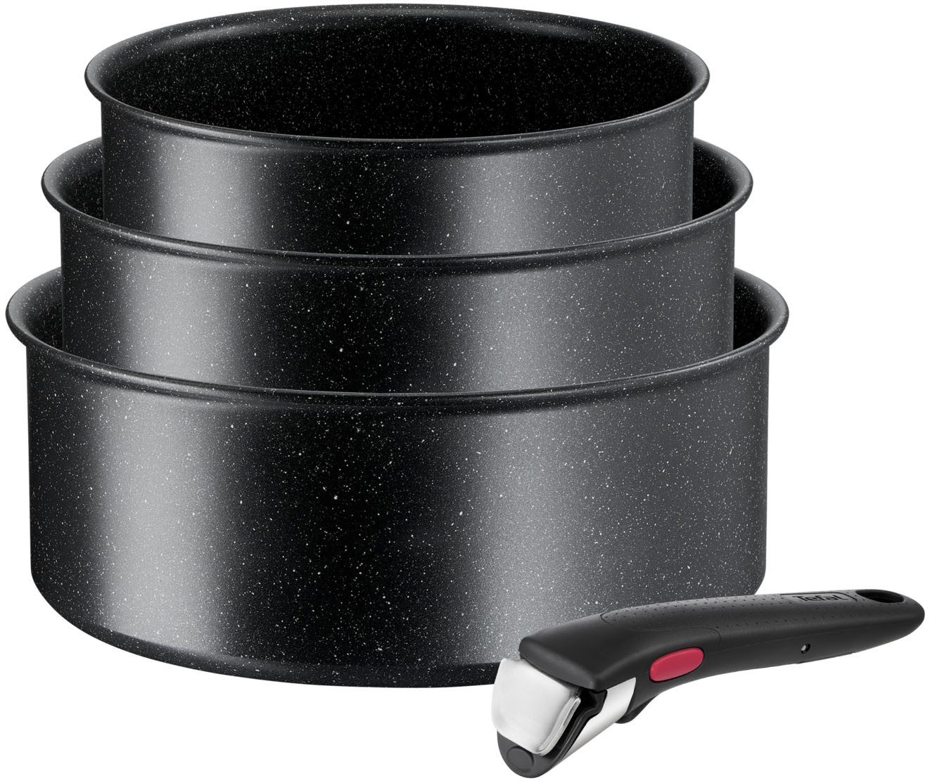 Tefal Topf-Set Ingenio Black Stone, Kasserollenset abnehmbarer Griff, stapelbar, Aluminium (Set, 4-tlg., 3x Stielkasserollen Ø 16/18/20 cm, 1x abnehmbarer Griff), platzsparend, Topfset Induktion mit Antihaftversiegelung, L39996