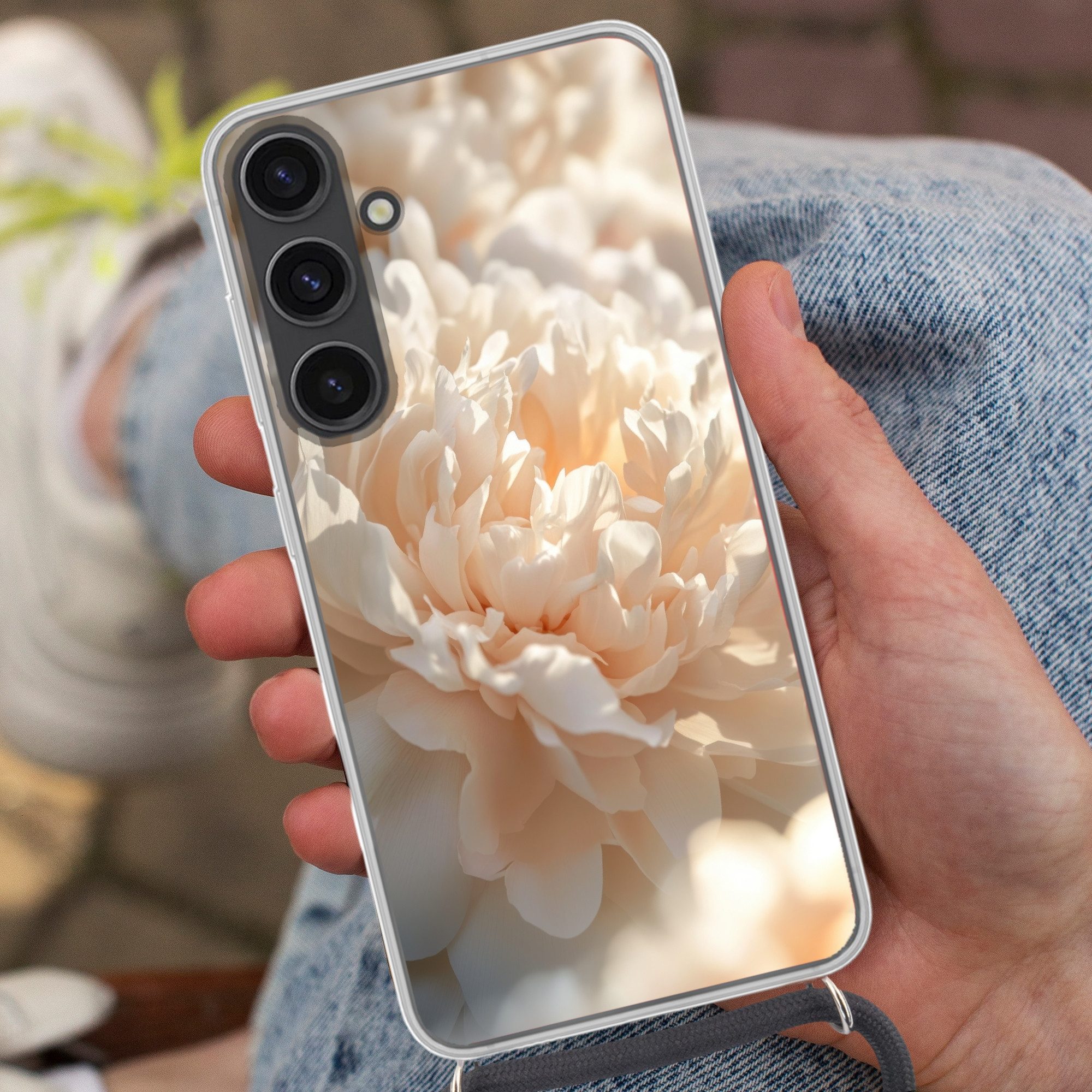 MuchoWow Handyhülle für Samsung Galaxy S24 Plus Nahaufnahme - Pfingstrose - Hellrosa, Tragbare Handyhüllen mit Kette zum umhängen, Handykette Handyband