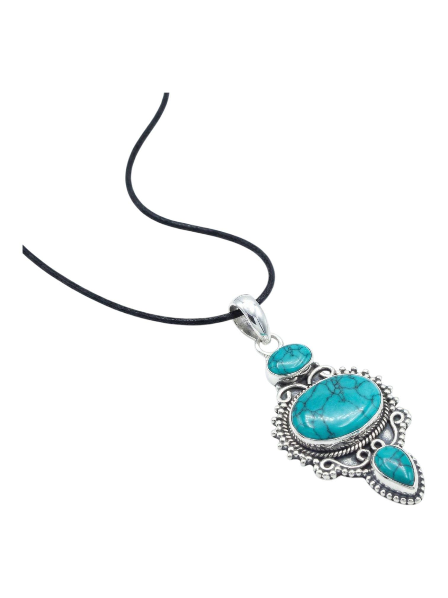 mantraroma Kettenanhänger BURUNG aus 925 Silber mit Türkis (Kettenanhänger am Baumwollband im Schmuckbeutel), 925 Sterling Silber Kettenanhänger für Damen