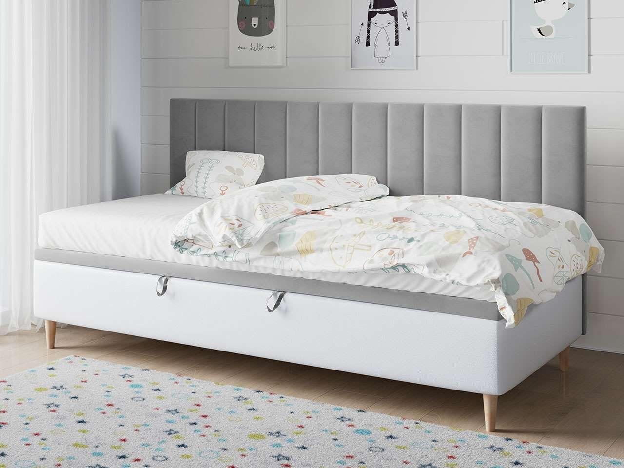 MKS MÖBEL Kinderbett NELA 2, Boxspringbett - 90x200, Polsterbetten für Kinderzimmer und Jugendzimmer Grau und Weiss