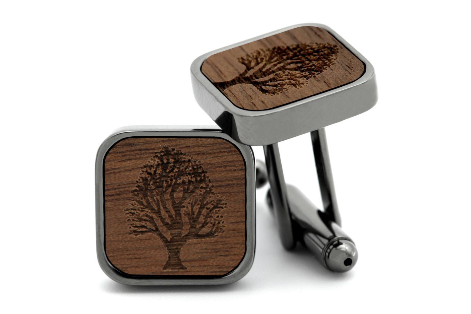 NaturSchatulle Manschettenknöpfe mit Gravur Holz Eckig (schwarz / silber, Trauzeuge, Anker, Kompass, uvm), Cufflinks zur Hochzeit, Anzug