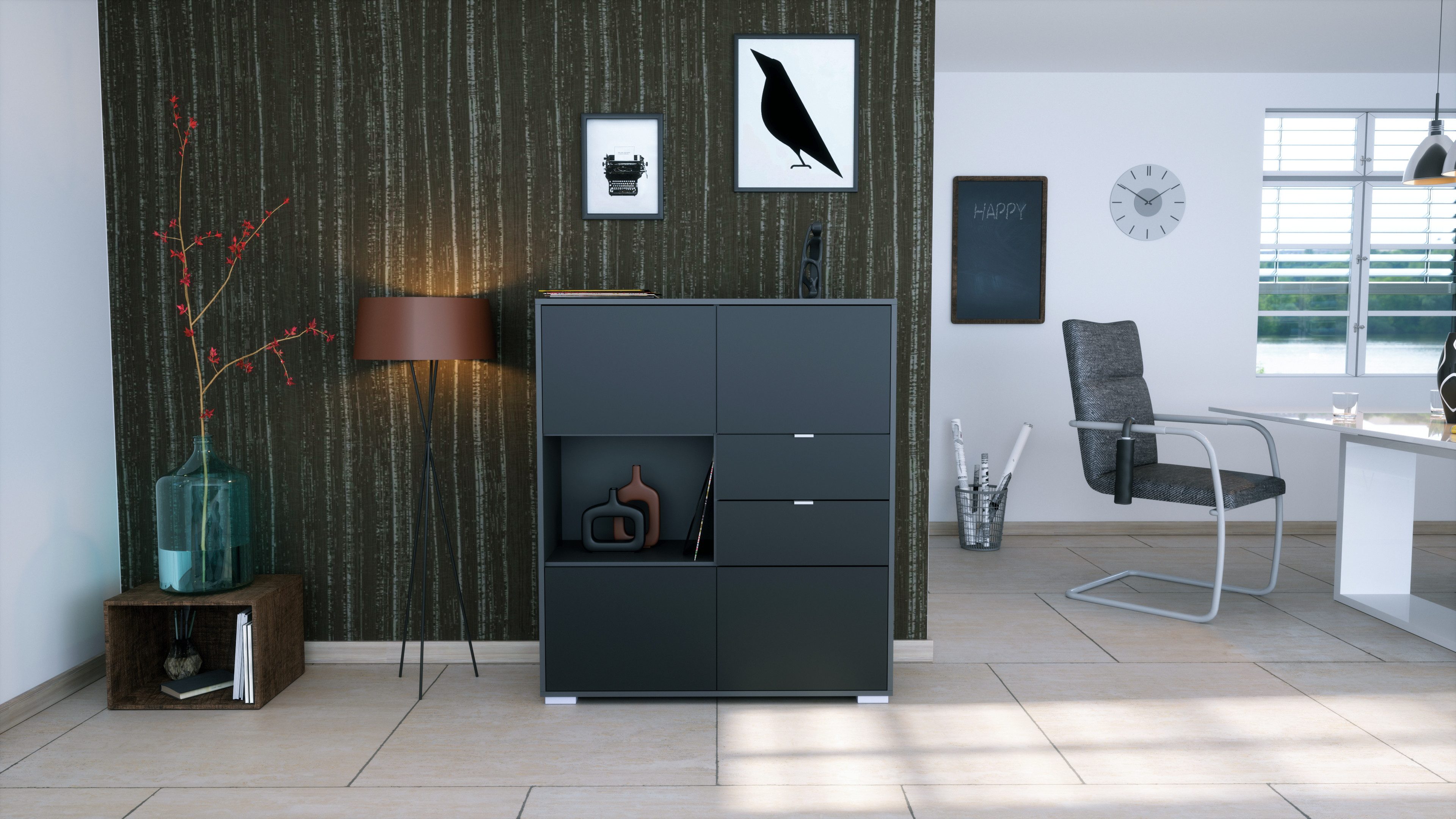 Vladon Highboard Milano V1 (Highboard mit 4 Tür Schwarz matt, 2 Schubladen Schwarz matt, Made in Germany), Korpus Anthrazit matt (103 x 118 x 37 cm)