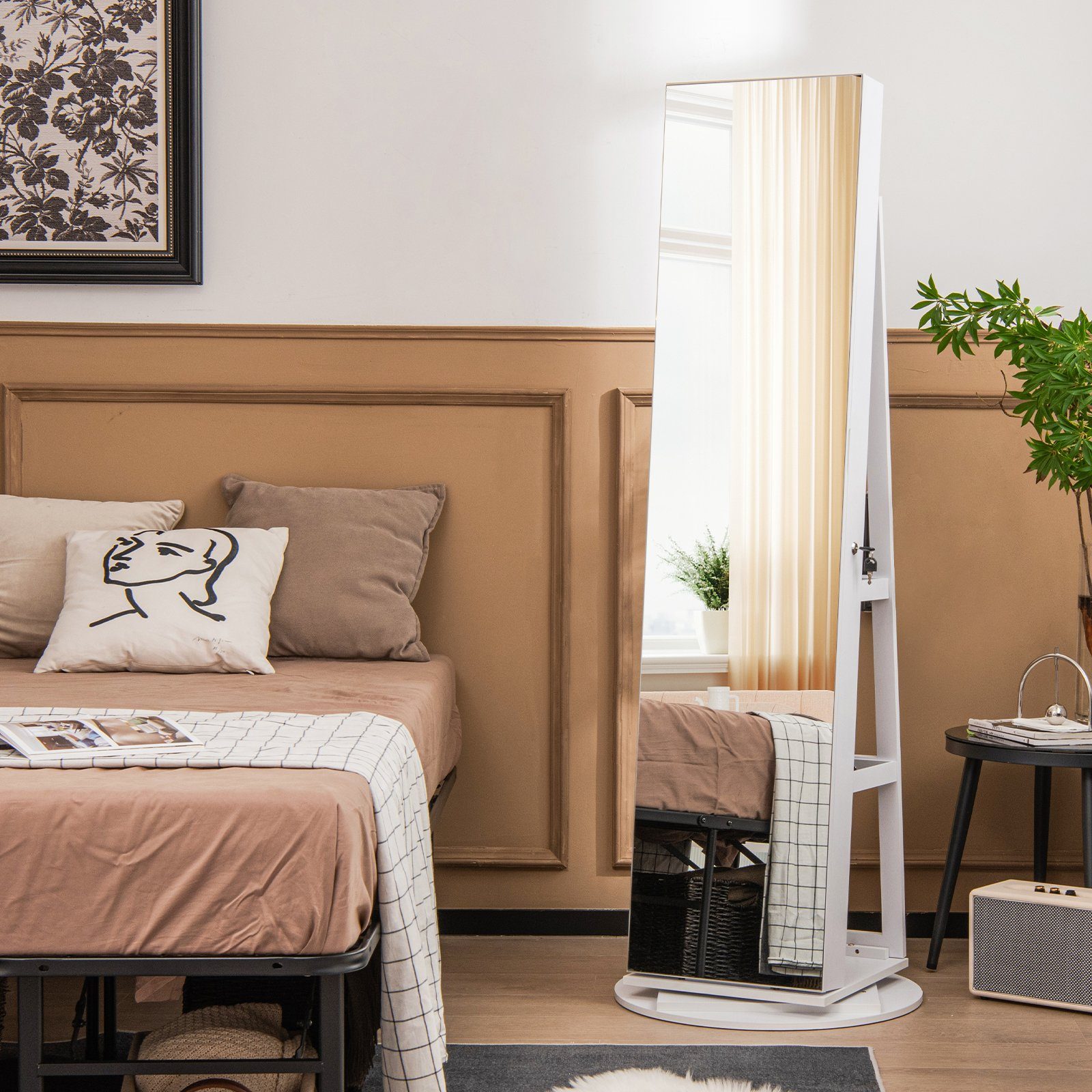 COSTWAY Schmuckschrank mit Ganzkörperspiegel & LED stehend, drehbar, abschl günstig online kaufen