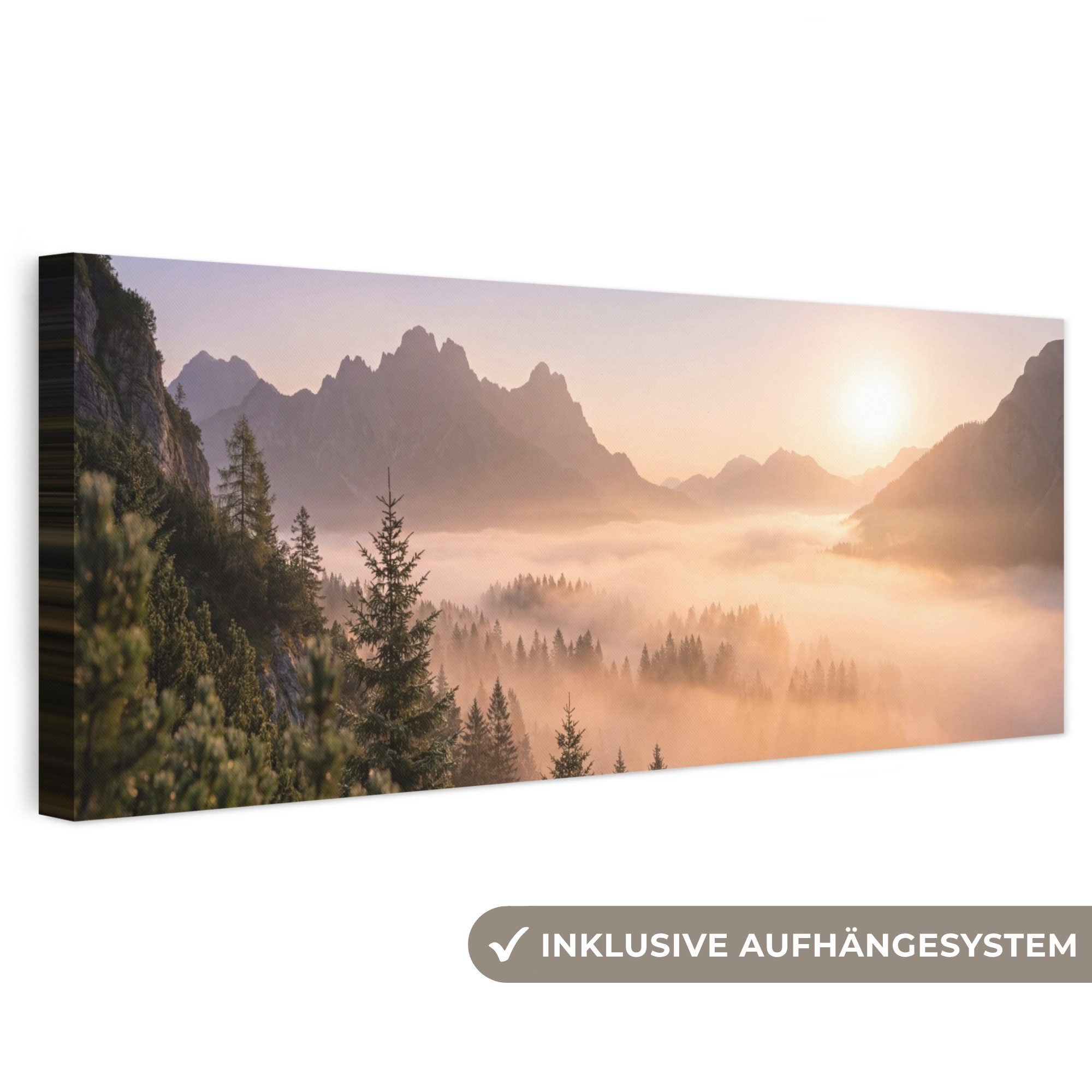 OneMillionCanvasses® Leinwandbild Panorama Sonnenlicht - Nebel - Berge - Bäume, Fotodruck (1 St), Wandbild, Deko Schlafzimmer Wohnzimmer Flur 60x20 cm