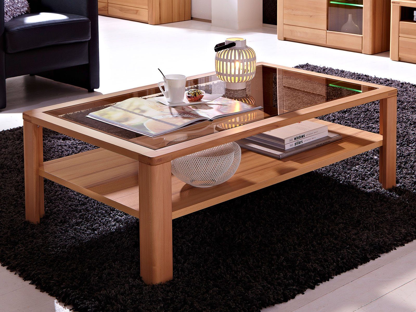 möbelando Couchtisch Nature Plus, Couchtisch, Gestell/Rahmen aus Kernbuche Massiv lackiert, Ablageboden aus Spanplatte in Kernbuche Nachbildung und Tischplatte aus Parsolglas in braun. Breite 120 cm, Höhe 40 cm, Tiefe 70 cm. | Couchtische