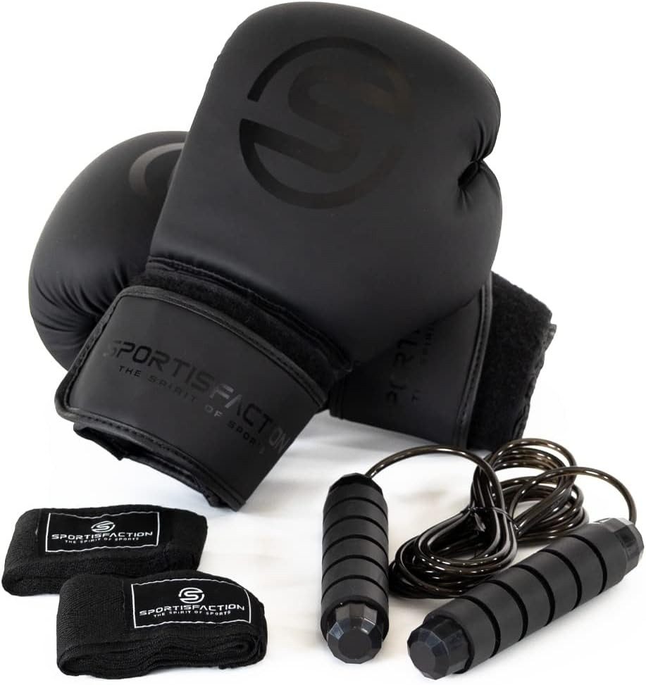Sportisfaction Boxhandschuhe Boxhandschuhe 10oz Set inkl. Bandagen & Springseil Schwarz PU-Leder, Standardgröße für Sandsack & Training 60-80kg Sicherer Klettverschluss