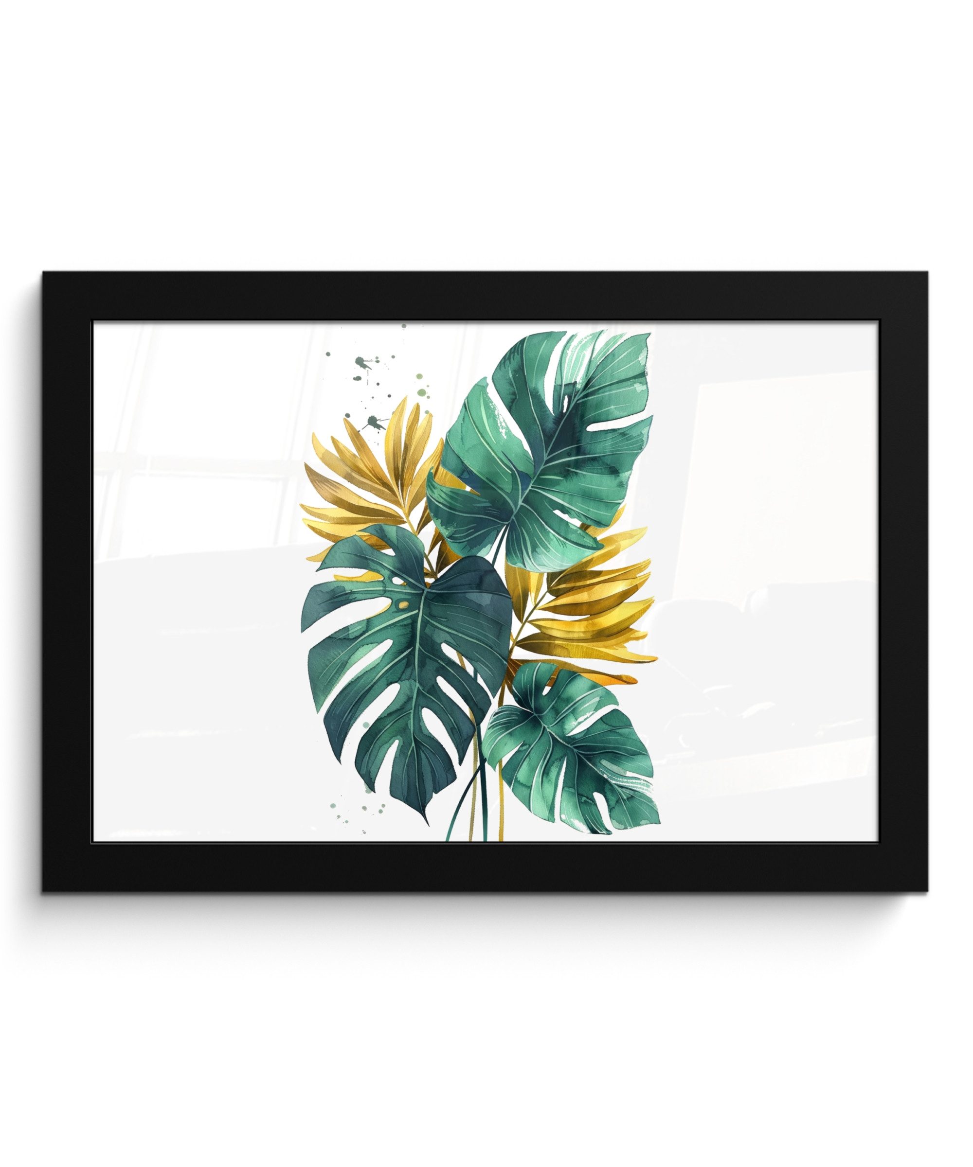 MuchoWow Poster Blätter - Monstera - Grün - Gold - Modern, (1 St), Wandbilder, Deko Wohnzimmer Schlafzimmer, 30x20 cm