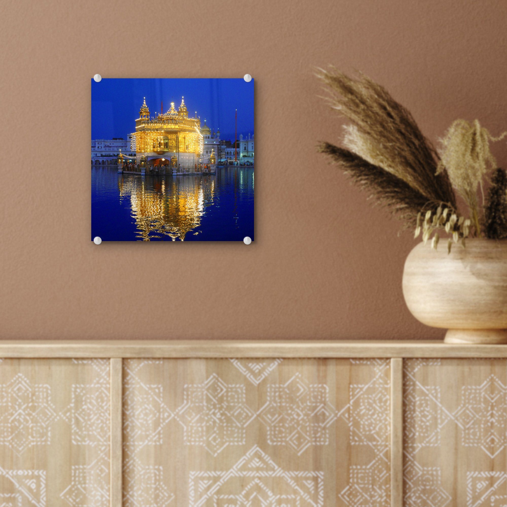 auf St), Bilder Glasbilder am Wanddekoration Acrylglasbild - Harmandir - beleuchtete auf Foto - Glas Abend, Sahib-Tempel MuchoWow Der (1 Glas Wandbild