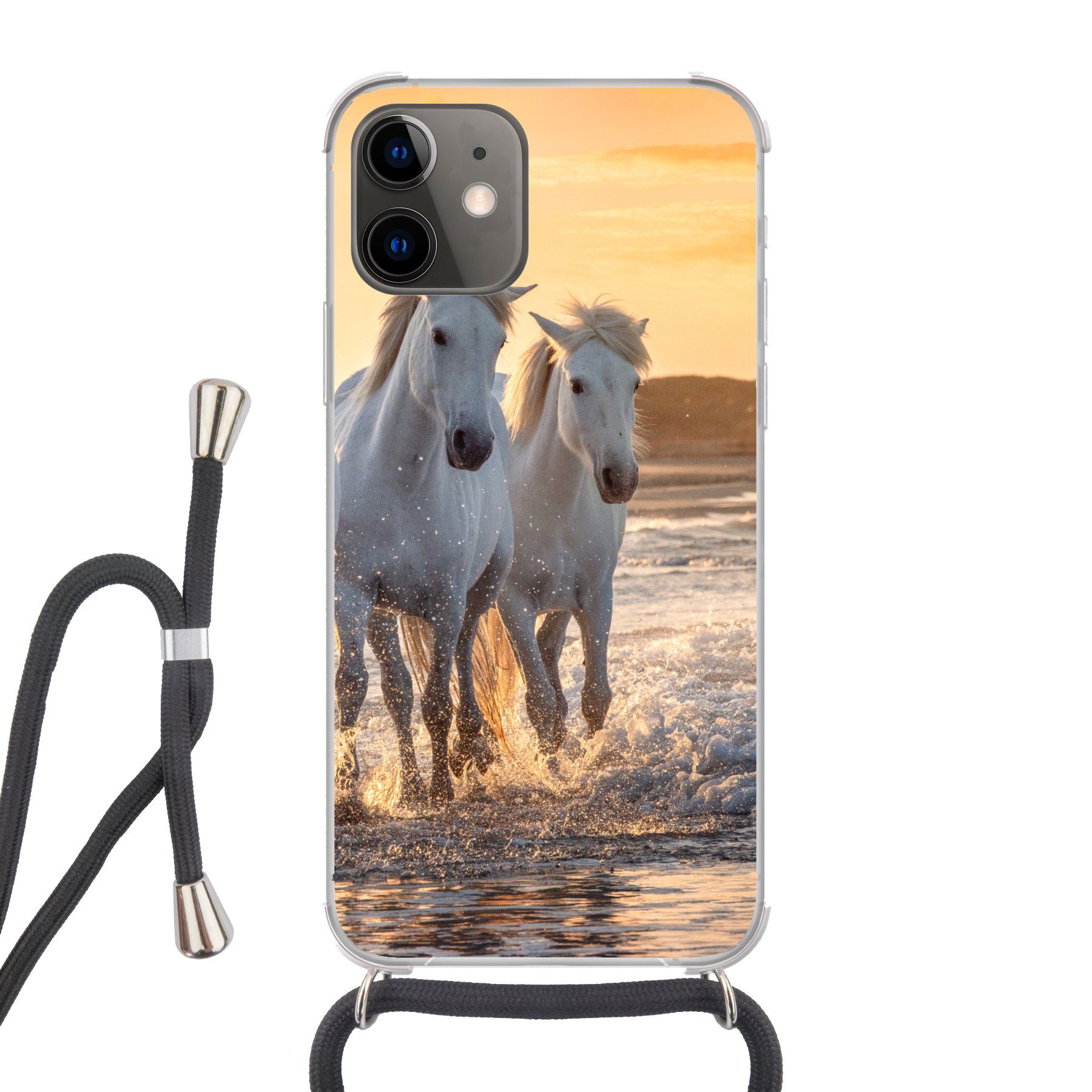 MuchoWow Handyhülle für Apple iPhone 12 Pferde - Wasser - Strand - Tiere, Tragbare Handyhüllen mit Kette zum umhängen, Handykette Handyband