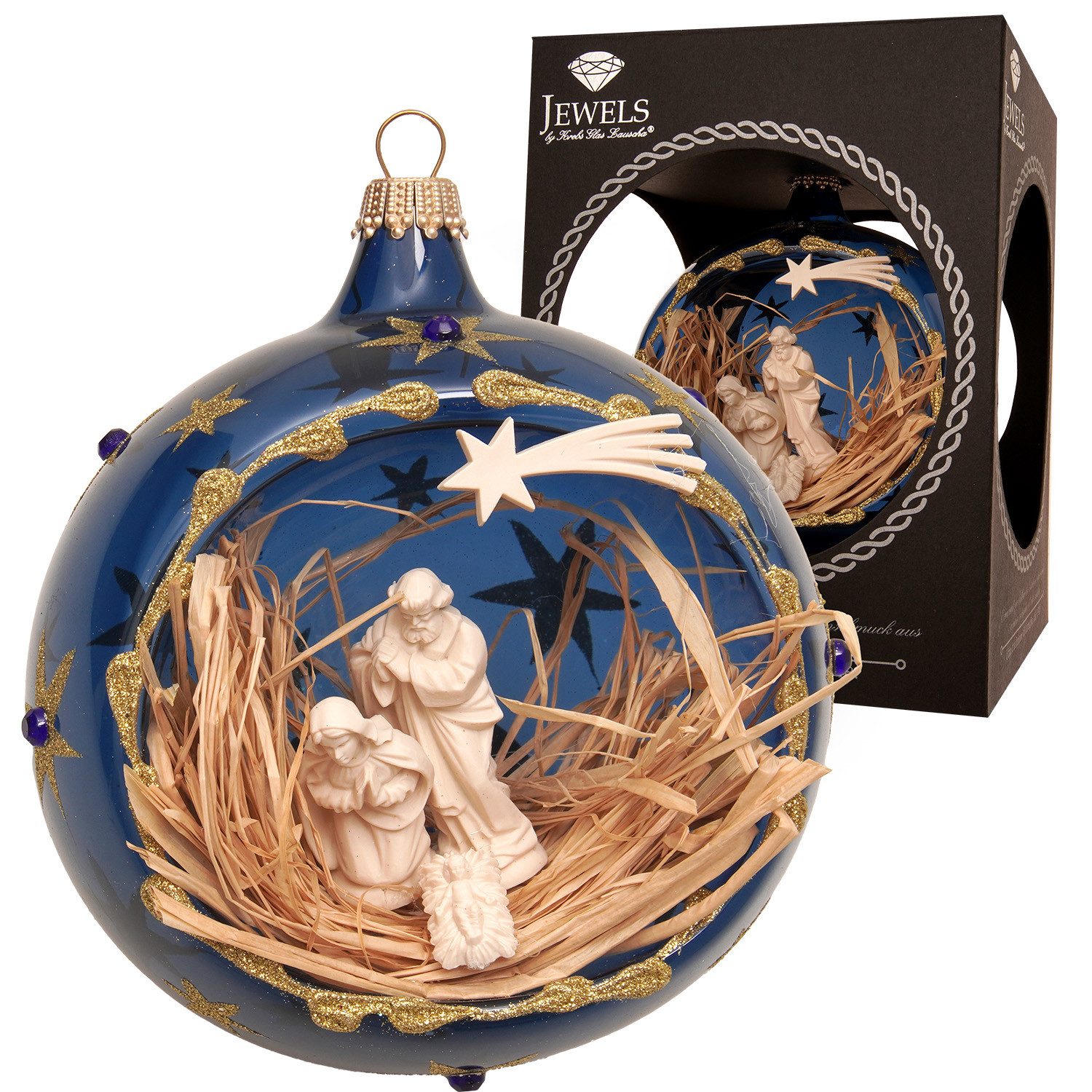 Krebs Glas Lauscha Weihnachtsbaumkugel Weihnachtskugel Krippenszene blau 10cm, Dekoriert mit Liebe zum Detail