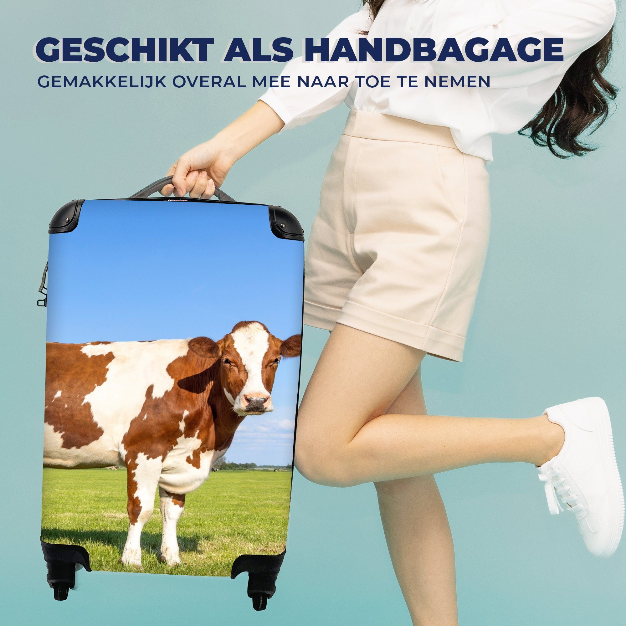 Tiere, rollen, Handgepäck - Reisetasche - Bauernhof 4 Ferien, Gras - mit - Rollen, MuchoWow Handgepäckkoffer Trolley, für Natur Kühe Reisekoffer