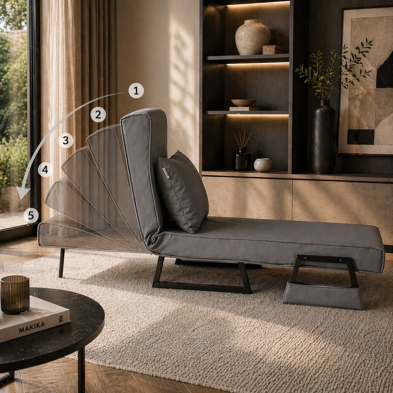 Makika Relaxliege Schlafsessel Schlafsofa Rio Kunstleder klappbar in Grau