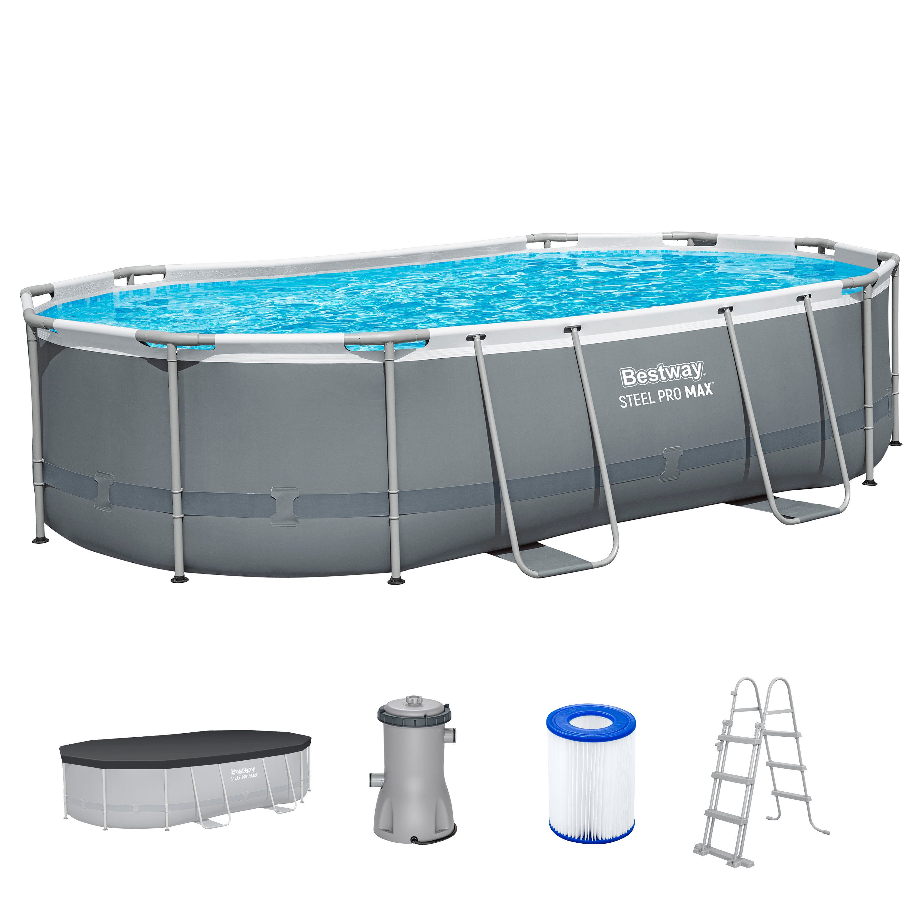 Bestway Framepool Steel Pro MAX™ (Set, Inkl. Filterpumpe, Sicherheitsleiter,Abdeckplane), 488 x 305 x 107 cm
