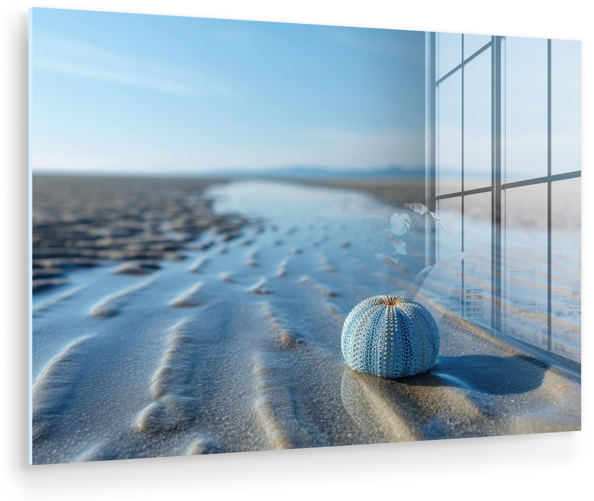 MuchoWow Acrylglasbild Strand - Schild - Wasser - Blau, Inkl. Aufhängung, Glasbilder Wohnzimmer, Schlafzimmer, Flur & Esszimmer, 30x20 cm