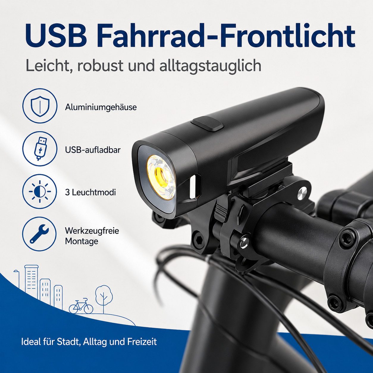 Kityhome Fahrrad-Frontlicht Alu LED Fahrradvorderlicht: superhell, USB, wasserfest, Hochwertiges Alu-Design