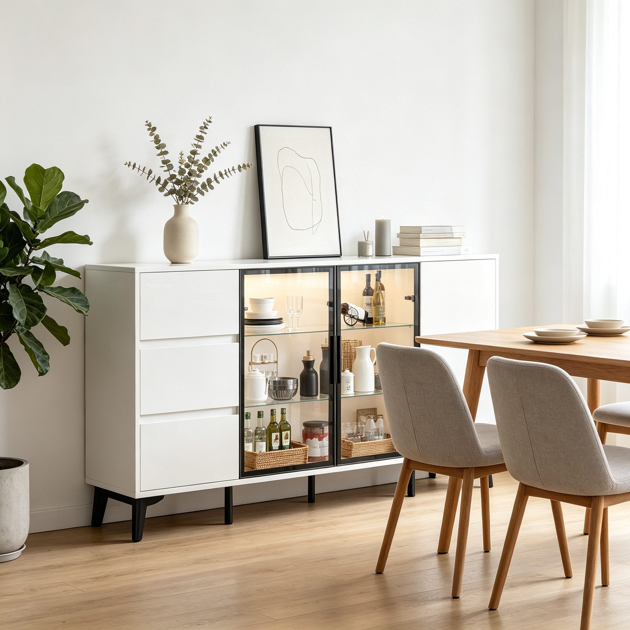 FUFU&GAGA Sideboard 140-160cm Glasvitrine Vitrinenschrank, mit Beleuchtung 3 Farbe – Bild 2 von 5