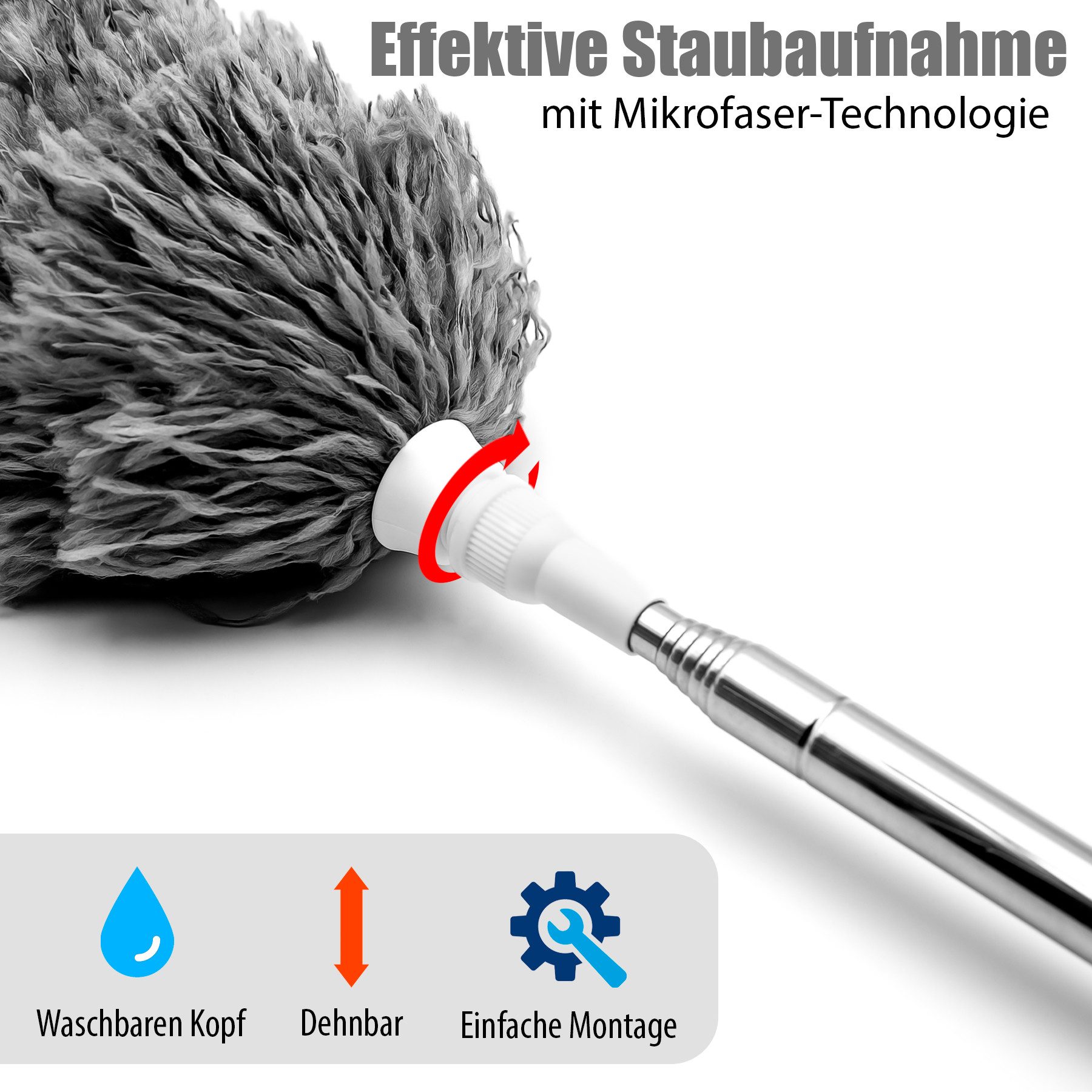 BigDean Staubwedel Teleskop ausziehbar waschbar & effizient gegen Staub & Spinnweben (Packung, 1-St., 1 stk), Teleksopierbar, Waschbar, Mikrofasern, Ergonomisch