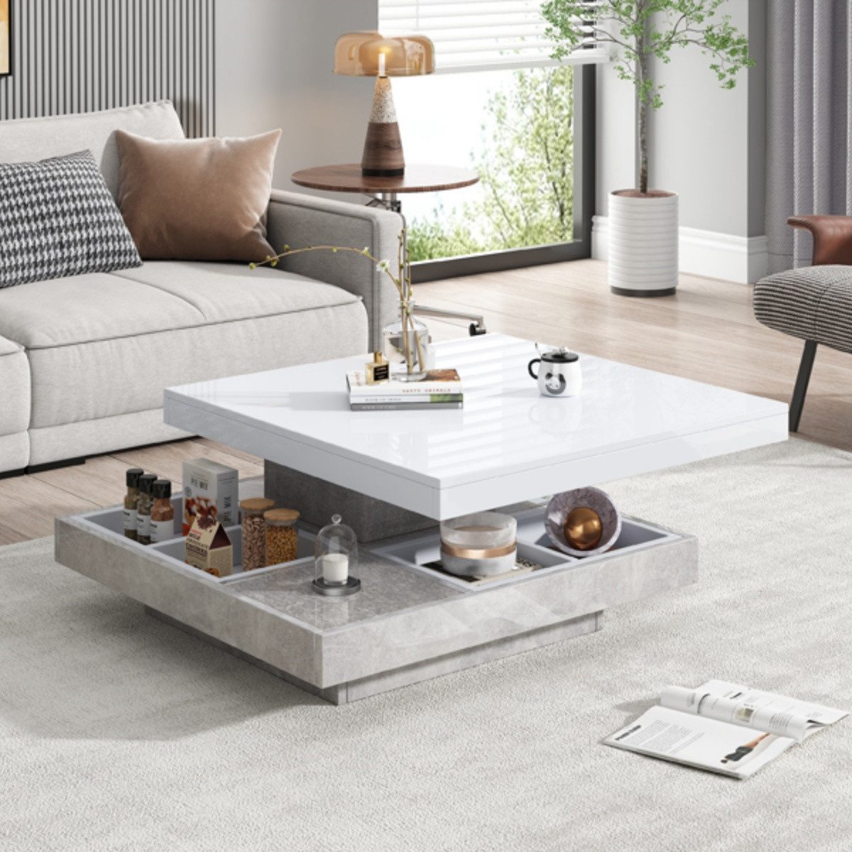 IDEASY Couchtisch Hochglanz-Doppelschicht-Couchtisch mit 360° schwenkbarer Tischplatte (Wohnzimmer-Couchtisch, 30 kg belastbar), Offenes Fach mit 4 herausnehmbaren Staufächern