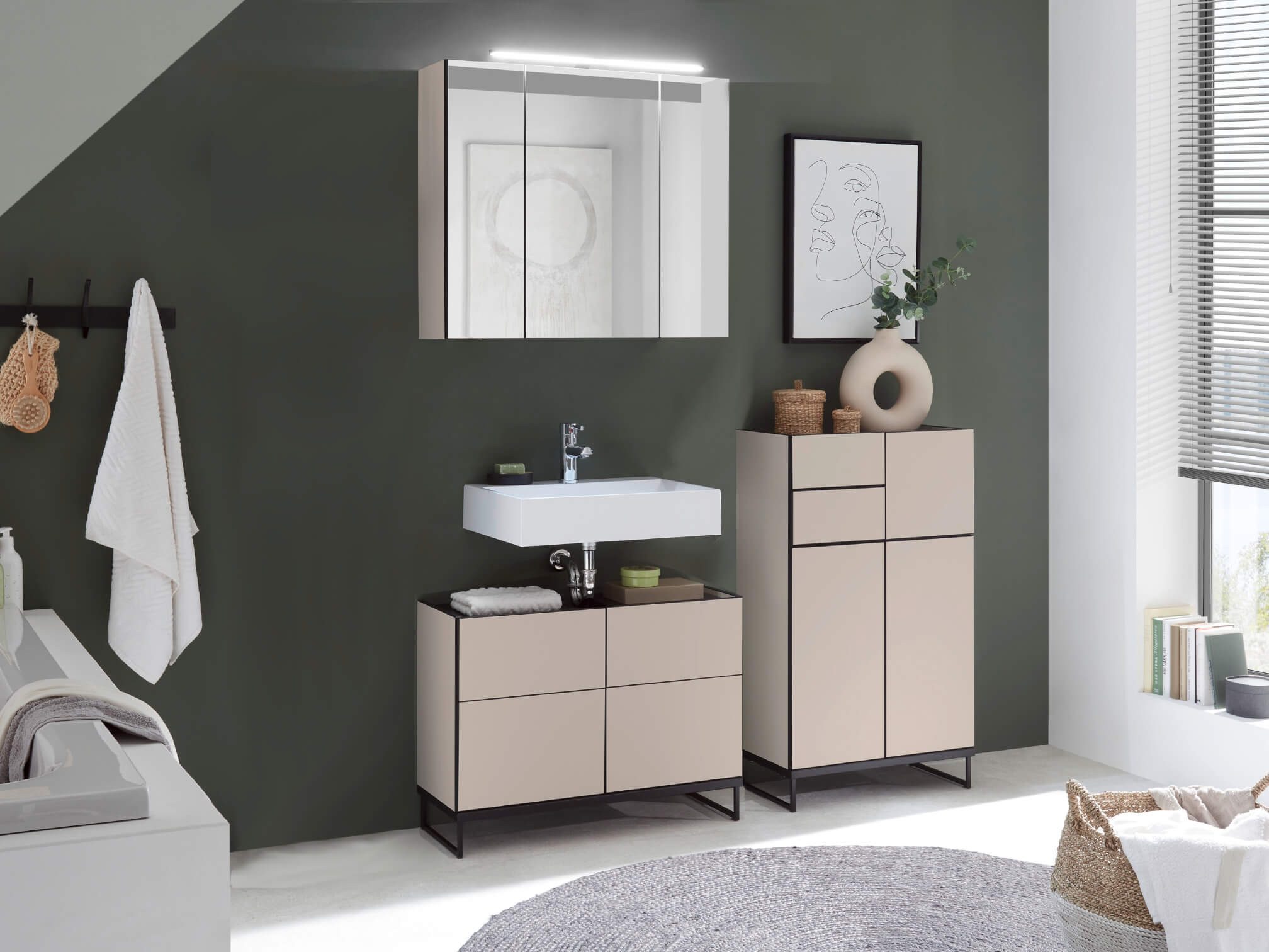 moebel-dich-auf Badmöbel-Set VENEZIA, (inklusive LED-Beleuchtung, kaschmir Spiegelschrank WBU optional mit Hoch-/Highboard), Metall Füße