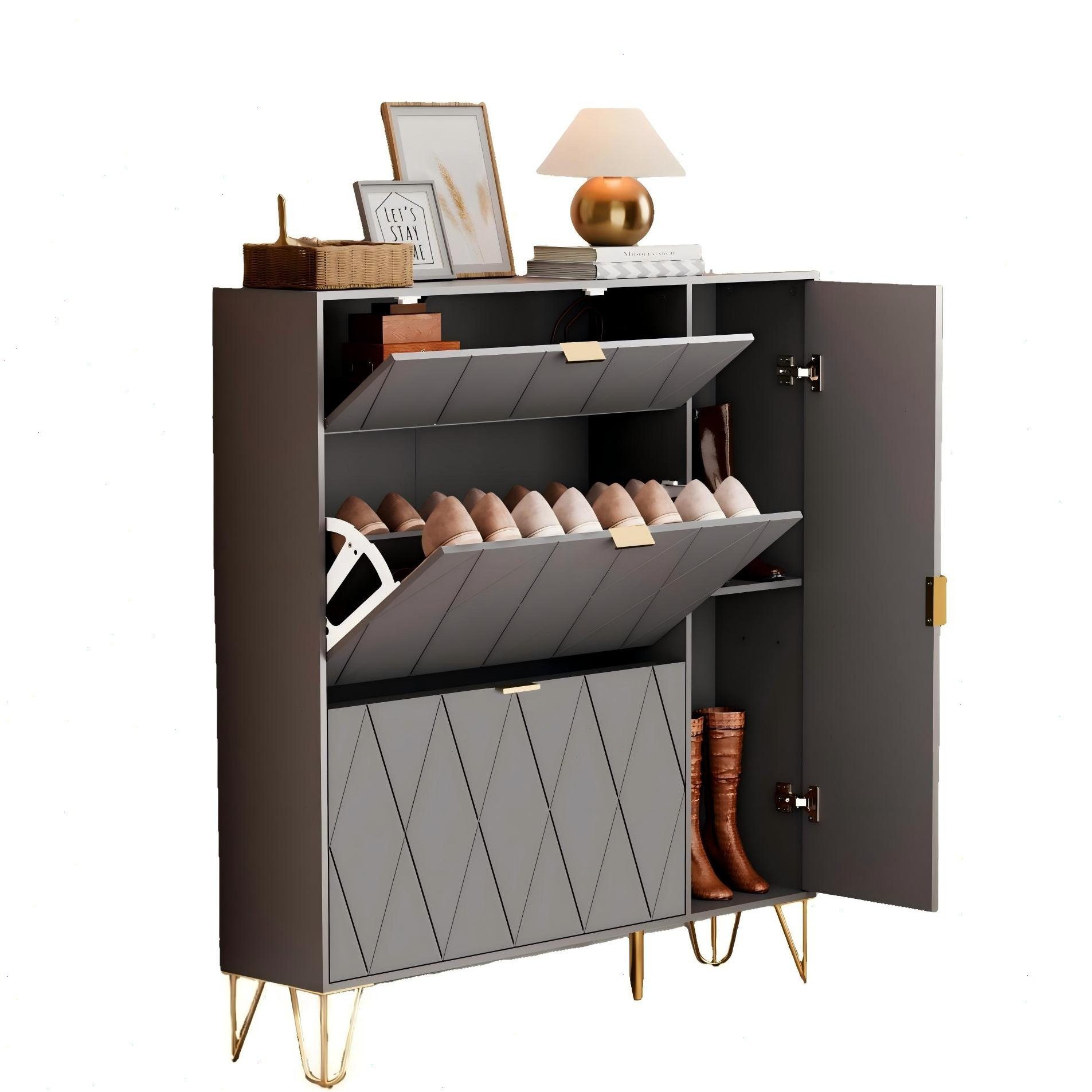 UEV Schuhschrank mit 4 Klappen schmal Schuhkipper Schuhregal (105x24x120cm) verstellbare und herausnehmbare Trennwände für verschiedene Schuhtypen