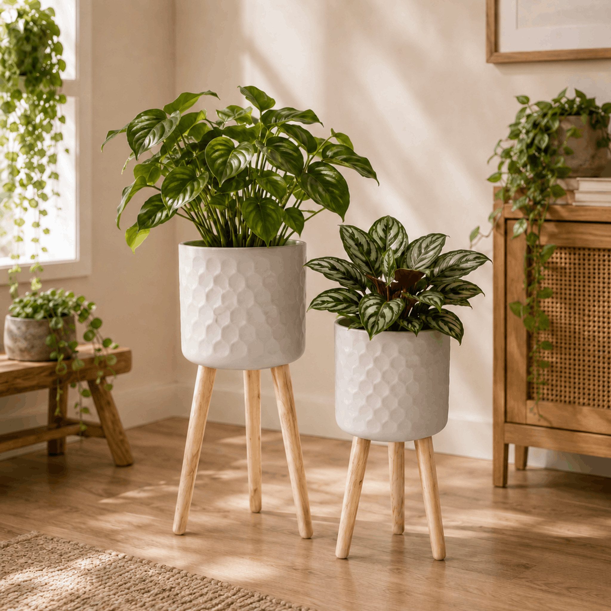 matches21 HOME & HOBBY Blumentopf Blumentöpfe 2er Set Beige Ø 24,5 x 60 cm & 28 x 67,5 cm mit Füßen (2 St), Übertöpfe aus Metall mit Holz Beinen