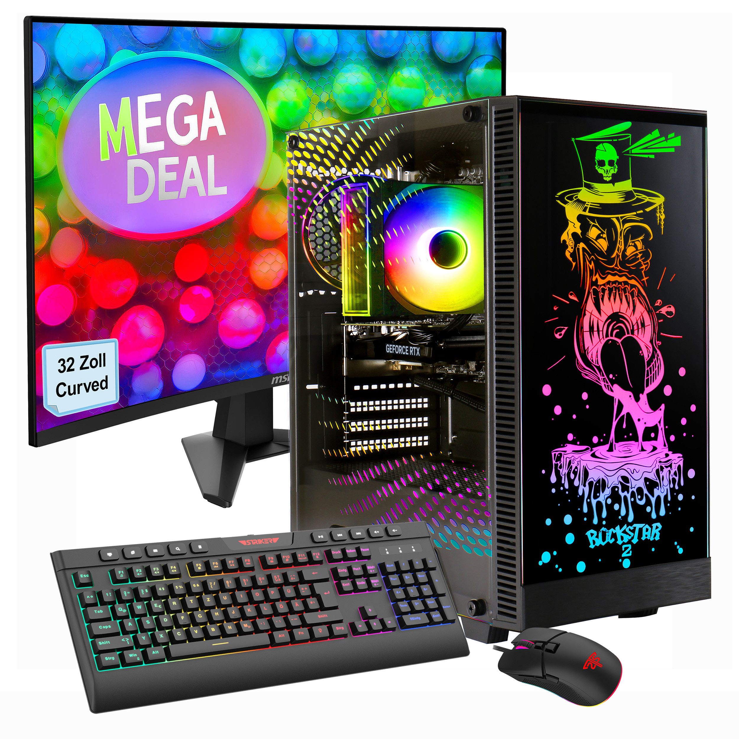 GAMEMAX MegaDeal Rockstar SET2637 Gaming-PC-Komplettsystem (32", AMD Ryzen 5 7500F, RTX 5060, 32 GB RAM, 1000 GB SSD, Windows 11, DDR5 RAM + MSI MAG 32C6 Curved Monitor, 80cm (32)