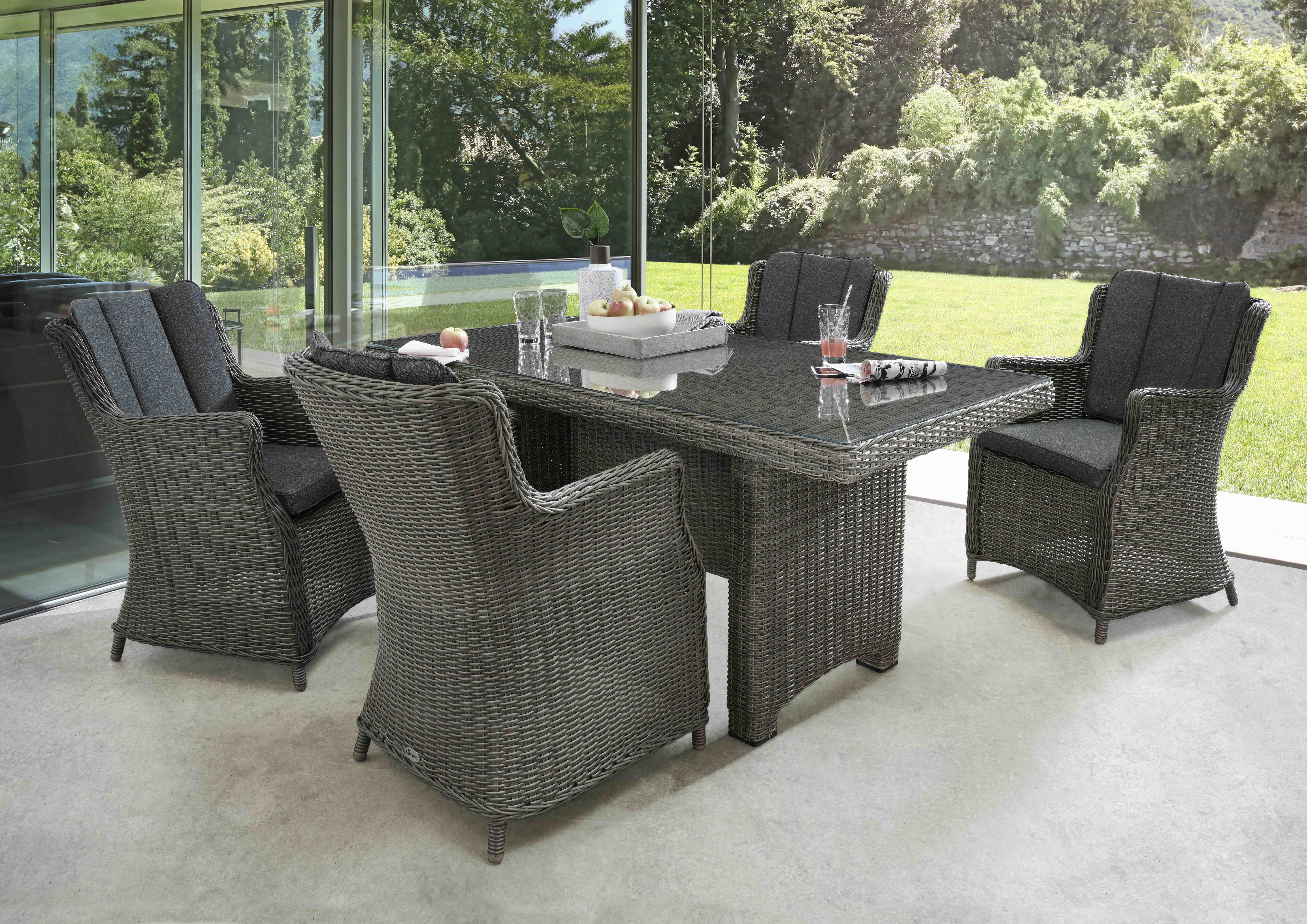 Destiny Garten-Essgruppe LUNA 4 Se + Tisch 200x100x75cm, vintage grau, (Set, 5-tlg., 4 Sessel inkl. Polster, 1 Tisch mit aufgelegter Glasplatte), Aluminium, Polyrattan