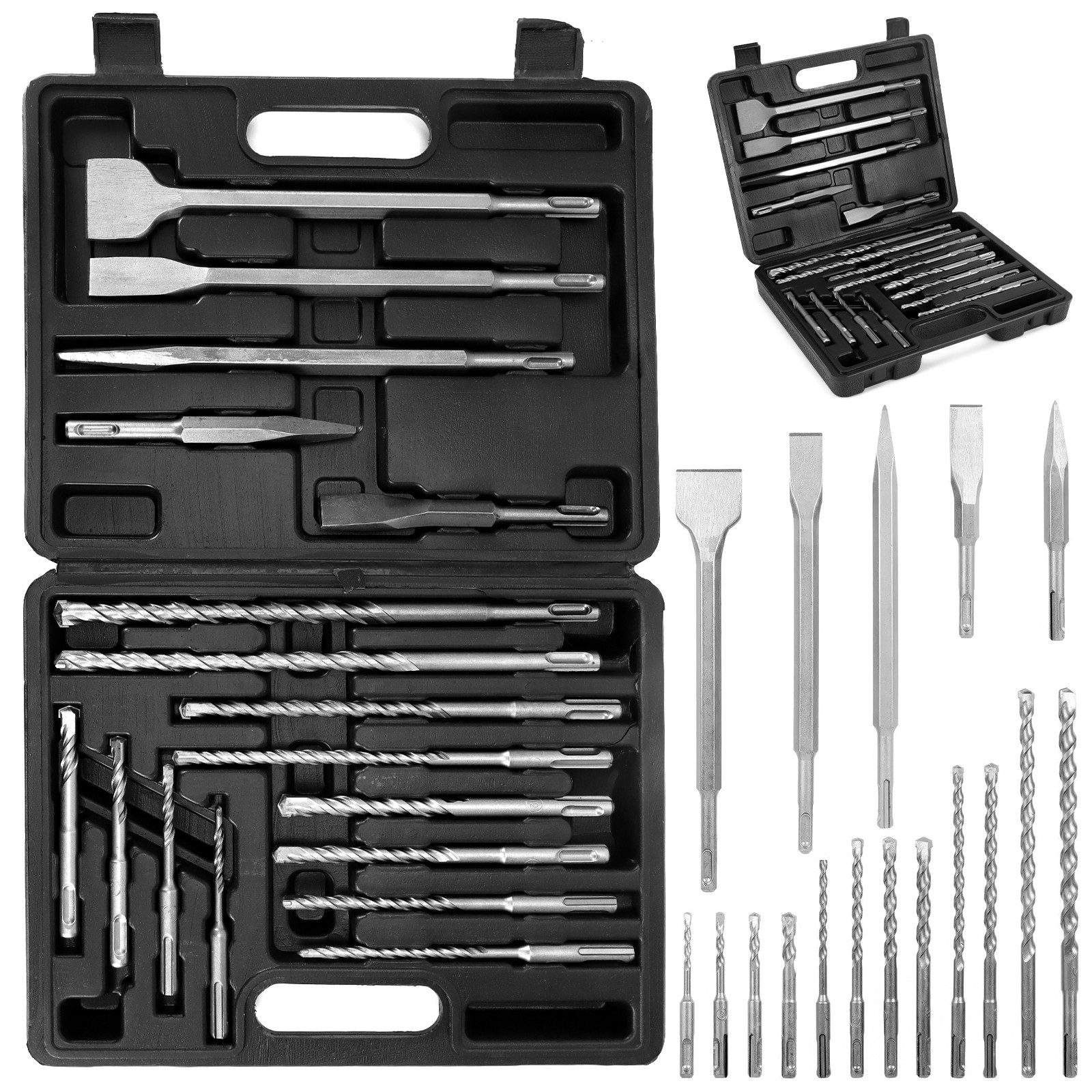 BlingBin Bohrer- und Meißelsatz 17tlg Bohrhammer SDS Plus Bohrer und Meißel Set ink, (SDS-Bohrer-Set – 17-teilig, 17-tlg., mit Bohren und Meißeln im Koffer, Hammerbohrer Steinbohrer Betonbohrer), Für Beton, Fliesen, Ziegel, Zement, Stein und Mauerwerk