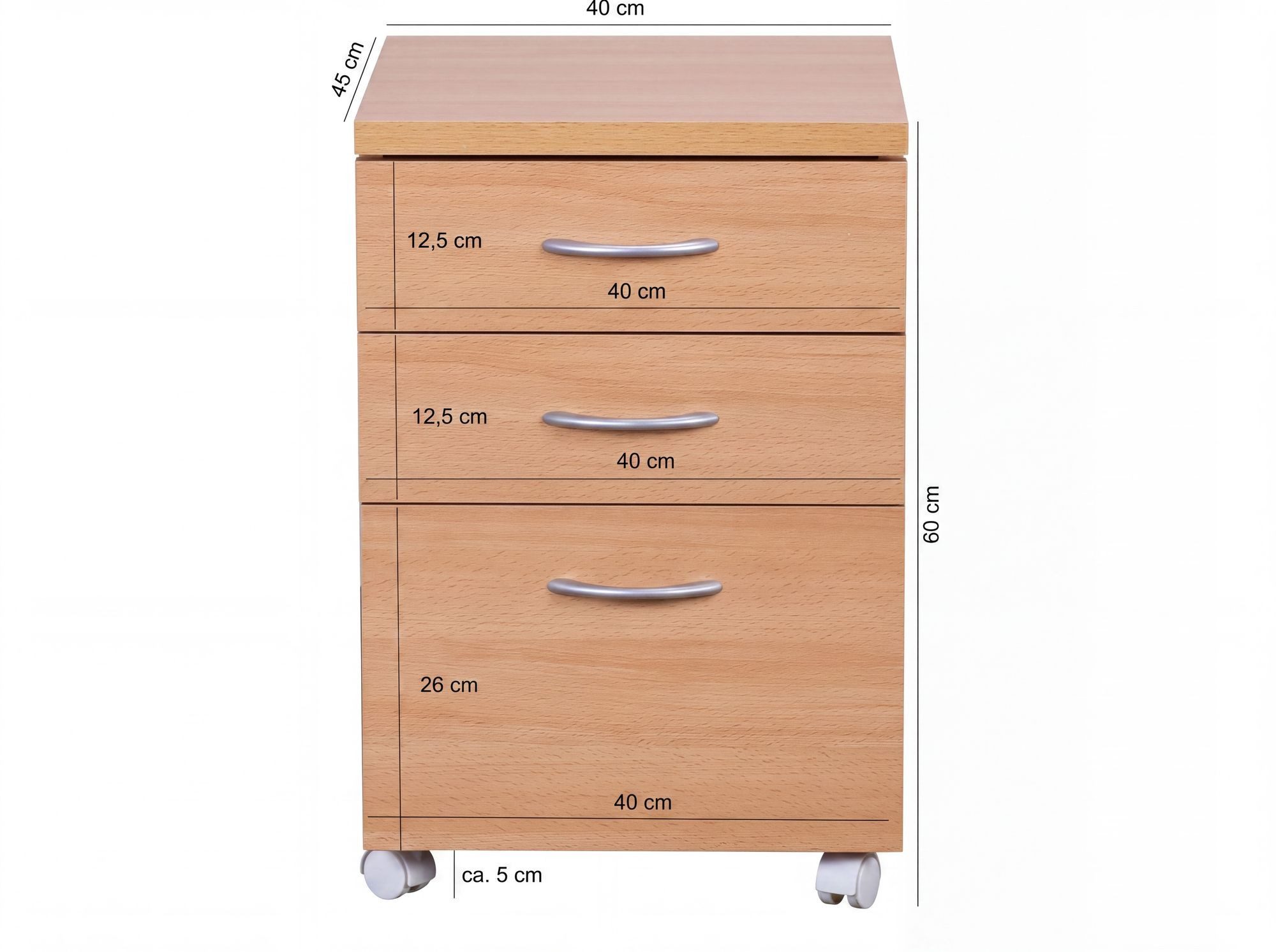 FINEBUY Rollcontainer Rollwagen Rollschrank Büro Container Schubladen Schrank FB37553, (Bürounterschrank mit Schubladen, Rollschrank), Bürocontainer 40x60x45 cm Buche mit Rollen