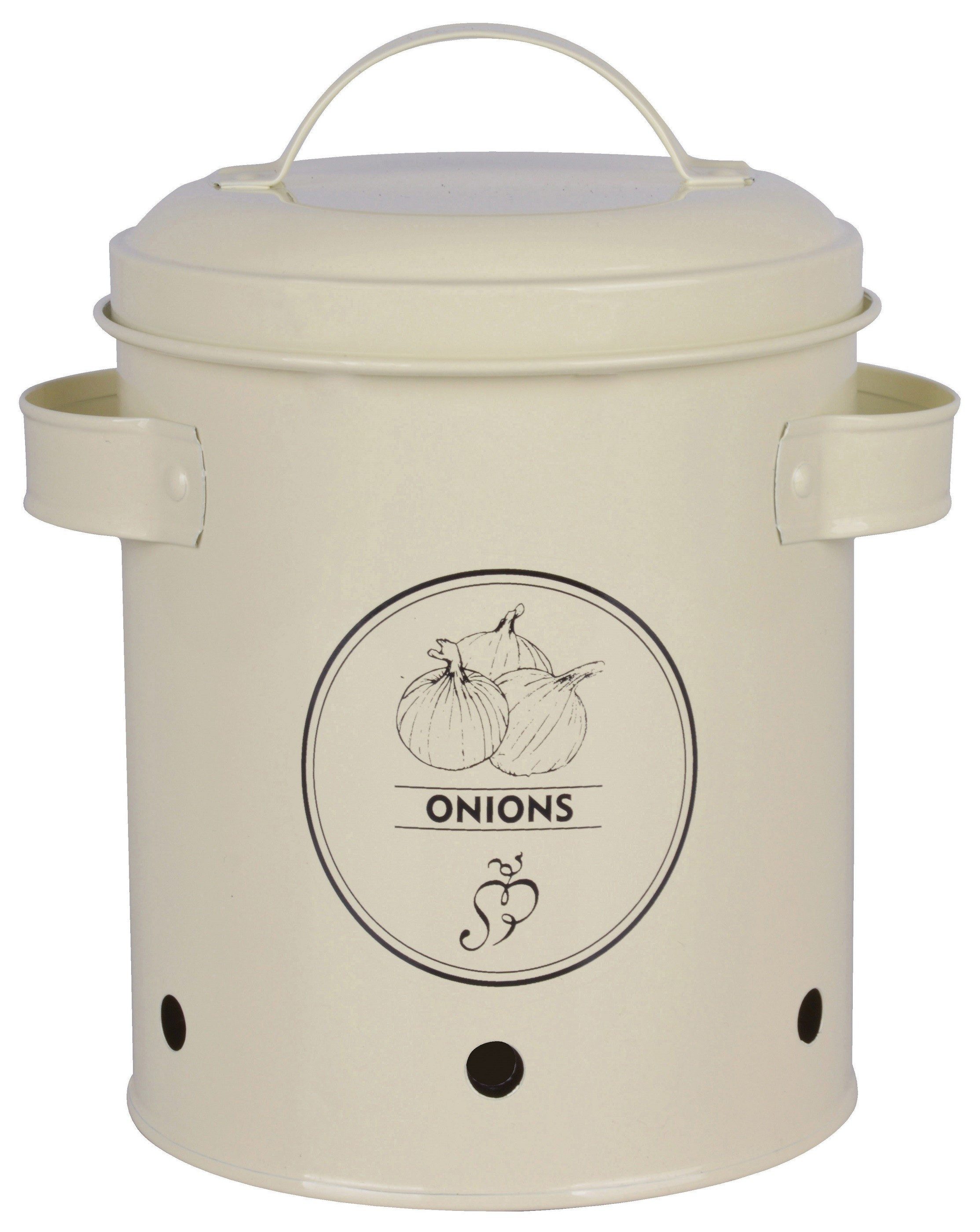 esschert design Dekokorb Vorratsdose Zwiebeln Deckel Karbonstahl creme Zwiebellager Onions (1x Vorratsdose)