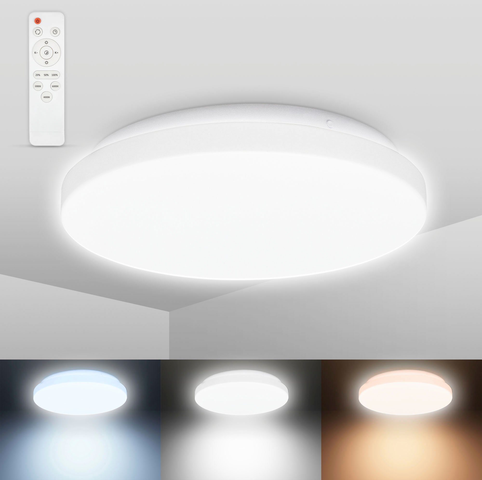 Klassische Marke B.K.Licht LED 12W mit integriert, - CCT Ø28,8cm, Fernbedienung, fest CCT-LED Dimmbar, IP44, Deckenleuchte Badleuchte Farbtemperatursteuerung LED (3000K-6500K) Fernbedienung, Bad-Deckenlampe, über BK_DL1526