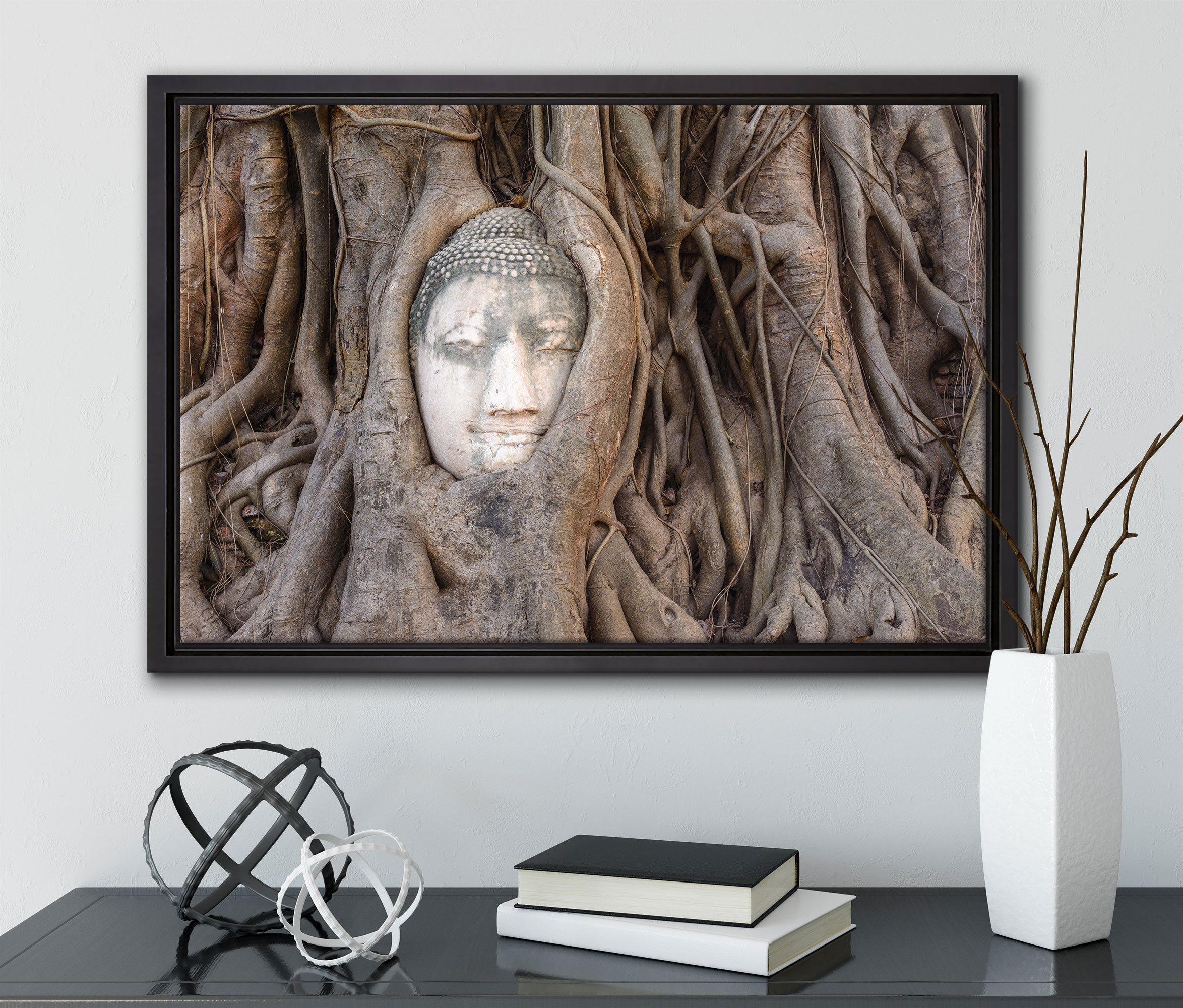Schattenfugen-Bilderrahmen Buddha Leinwandbild Kopf Wanddekoration Baum, Leinwandbild in St), fertig einem inkl. Pixxprint im Zackenaufhänger bespannt, gefasst, (1