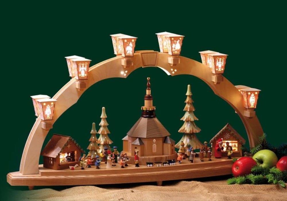 elektrisch Glaesser Lichterbogen Schwibbogen Weihnachtsmarkt, Erzgebirge Handwerkskunst Seiffener original beleuchtet, Richard