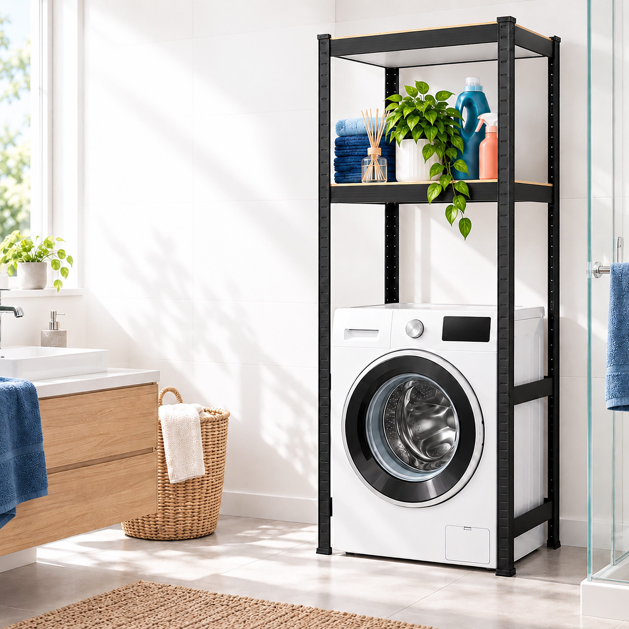 relaxdays Badregal Schwarzes Waschmaschinenregal Schwerlast, 1-tlg., 70 x 40 x 150 cm – Bild 2 von 5