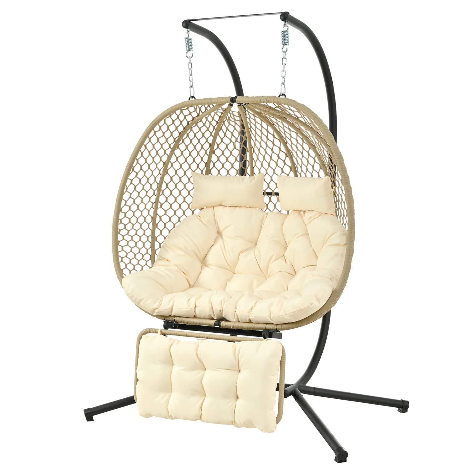 autolock Schaukelstuhl Schaukelstuhl Ei-Form, Hängesessel mit Ständer, Gartenhängstuhl, Doppelschaukelstuhl,Sitzauflage+Kissen,footrest,Outdoor-Indoor