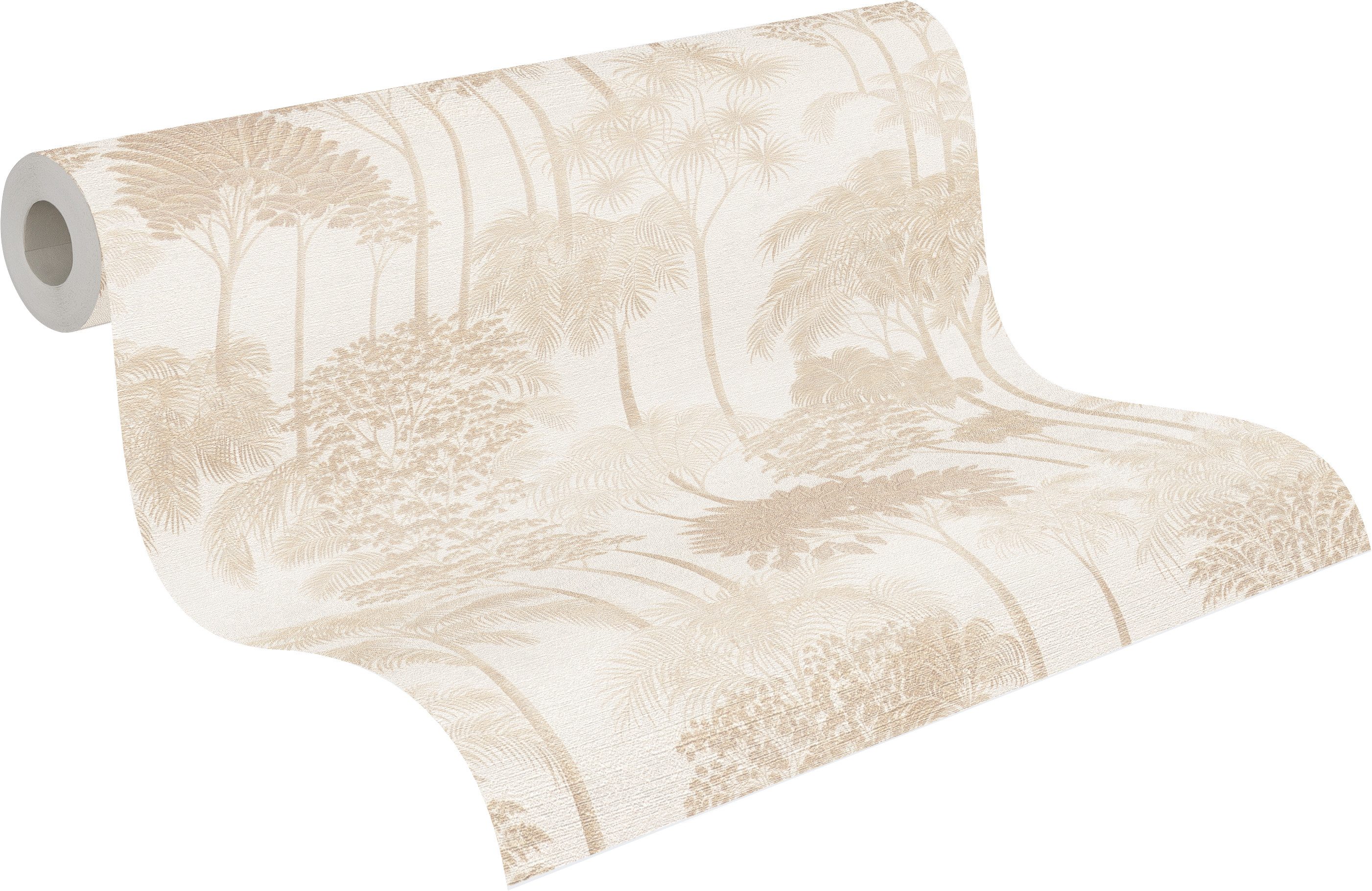 A.S. Création Vliestapete Cuba II Golden Forest, leicht strukturiert, Retro, floral, tropisch, Dezentes Waldmotiv mit stilisierten Bäumen und sanfter Tiefe