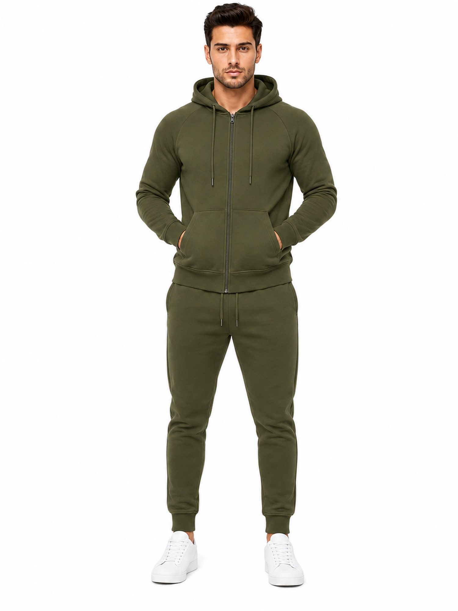 L.gonline Freizeitanzug Herren Jogginganzug einfarbig 100% BW 586 Oliv XXL (Kapuzenjacke mit Reißverschluss, Hose, 2-tlg), Fitness Freizeit Casual – Bild 3 von 5