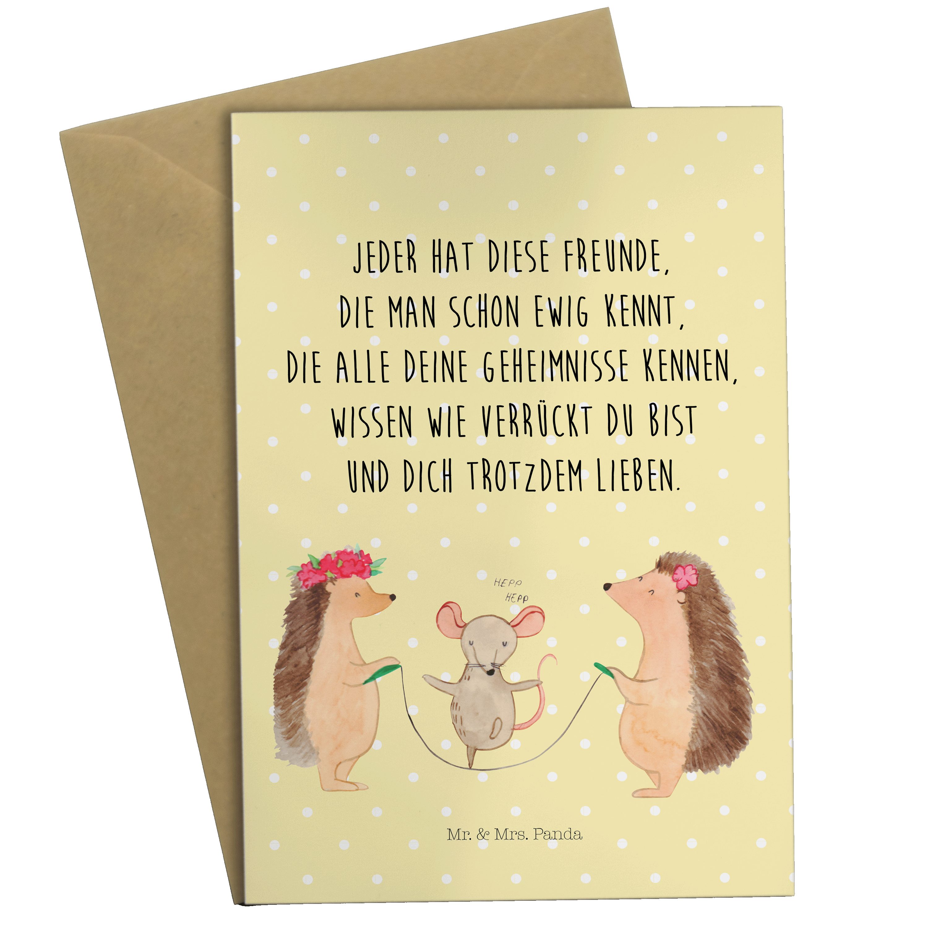 Mr. & Mrs. Panda Grußkarte Igel Seilhüpfen - Gelb Pastell - Geschenk, Seilspringen, Glückwunschk | Grußkarten