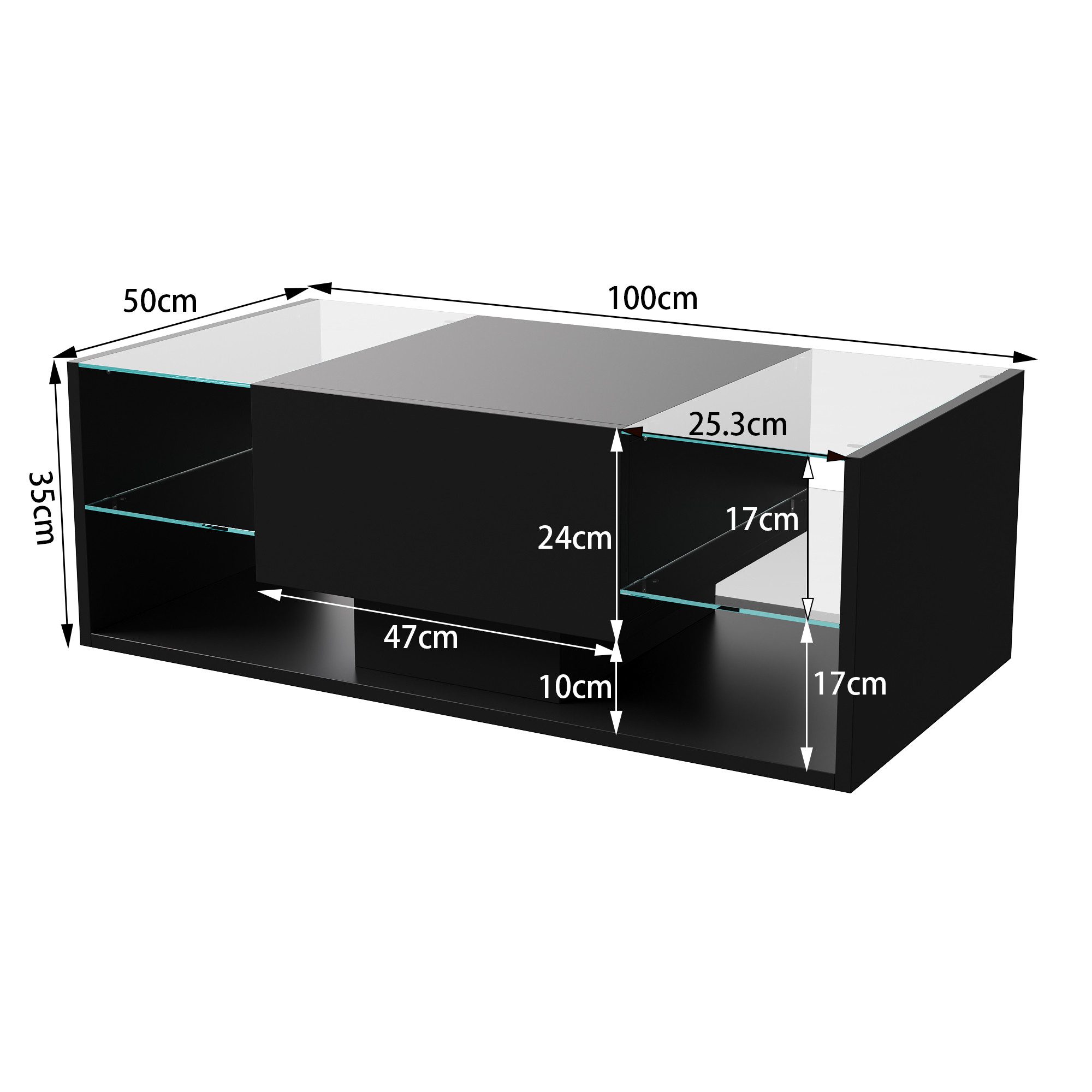 Furnishings Home Couchtisch Wohnzimmertisch Ablagetisch LED Beistelltisch (Hochglänzender quadratischer, mit LED Beleuchtung & Fernsteuerung), Mit Vier Fächer stauraum und 16-farbigen variablen LED-Beleuchtung