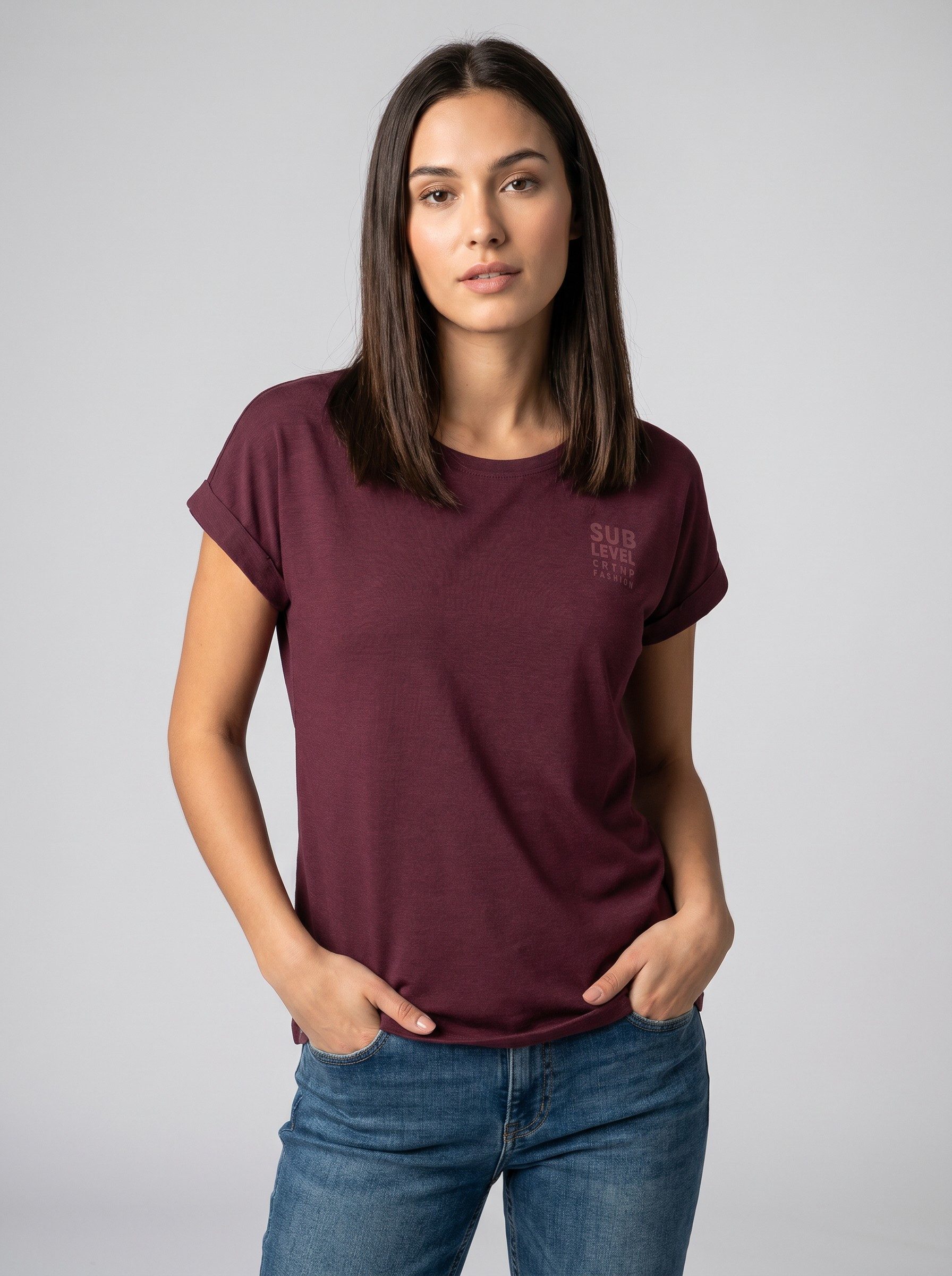 SUBLEVEL T-Shirt Damen Basic T-Shirt Logoprint Modal-Baumwolle T-Shirt mit Ärmelaufschlag