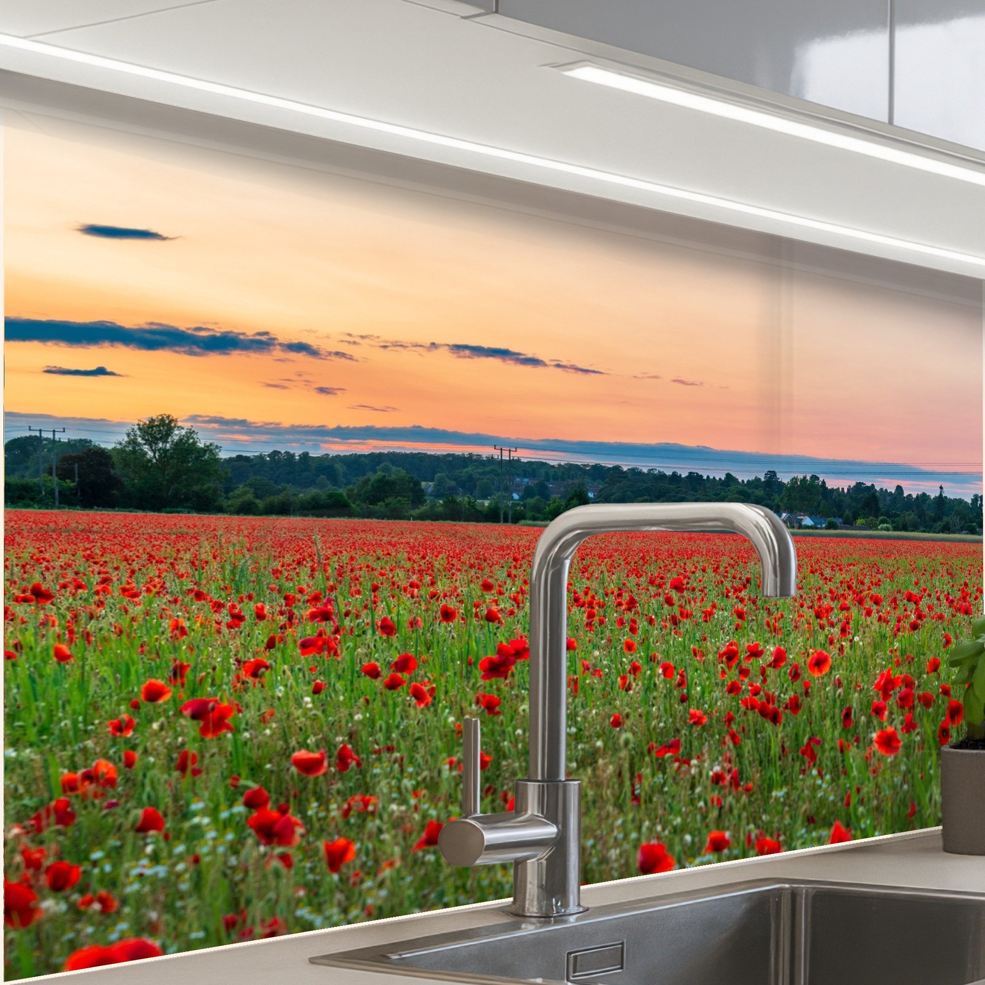 KitchenYeah Küchenrückwand Muster selbstklebend (keine Folie) Mohnblumen - Landschaft - Rot - Blu, (1-tlg), Spritzschutz, Küche, Rückwand, Küchenwand, Küchenfront, 30x20 cm