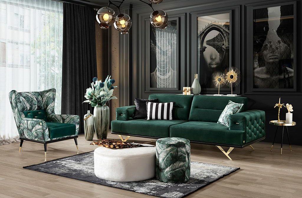 Edelstahlmöbel, JVmoebel Dreisitzer Sofa Europa Made in 3 Sitzer/Beistelltisch), Beistelltisch Wohnzimmergarnitur Wohnzimmer-Set Grün (2-St.,