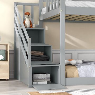 OKWISH Etagenbett Bett mit Treppe und Rutsche, Einzelbett Gästebett (Rahmen aus massivem Kiefernholz, Kinderbett mit 3 Schubladen in der Treppe, 90x200cm), Ohne Matratze