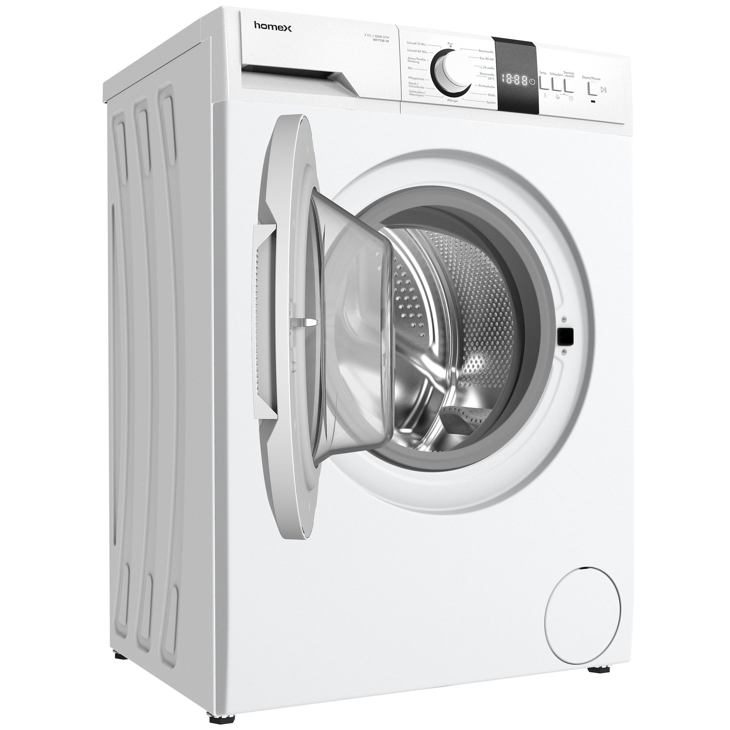 homeX Waschmaschine WF712B-W, 7 kg, 1200 U/min, Frontlader, AquaStop, Inverter Motor, Schontrommel, Leise & Effizient
