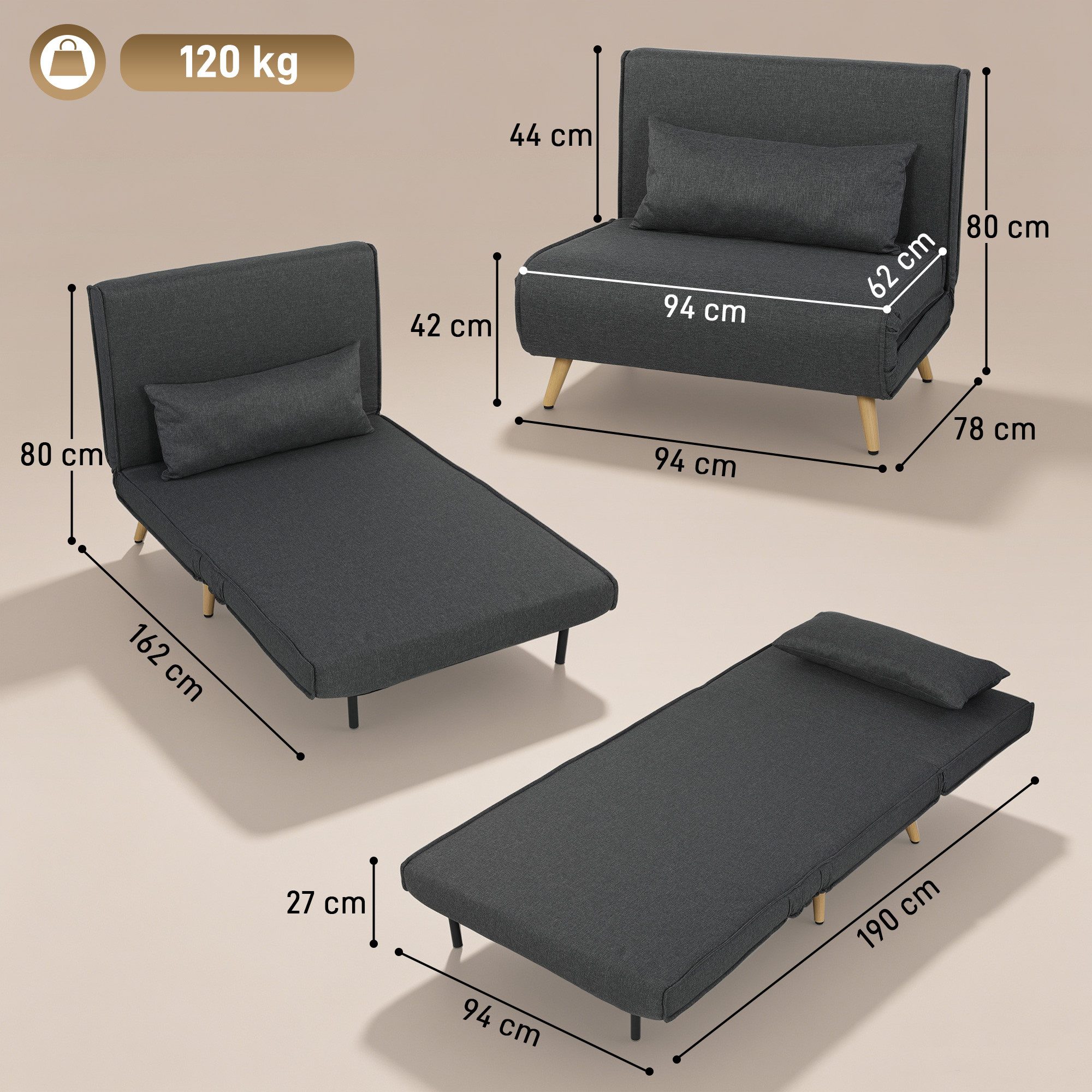 HOMCOM Schlafsofa Einzelsofa Schlafsofa verstellbar Rückenlehne Liege grau, nicht anwendbar 1 Teile, 3-in-1 Funktion: Sessel, Liege und Bett