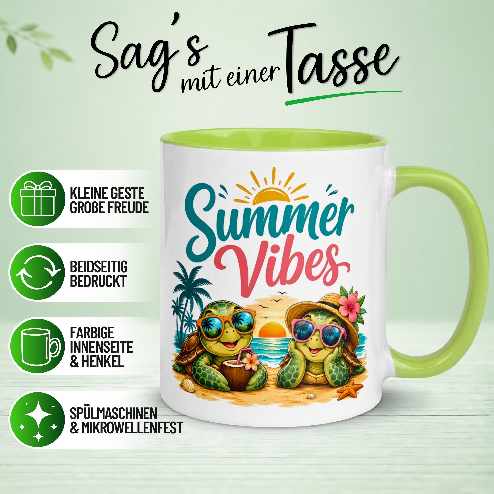 Momentals Tasse Schildkröte – „SUMMER VIBES“ – lustiges Strand Schildkröten Geschenk, Gratis Versand · Links-&Rechtshänder · Spülmaschinenfest