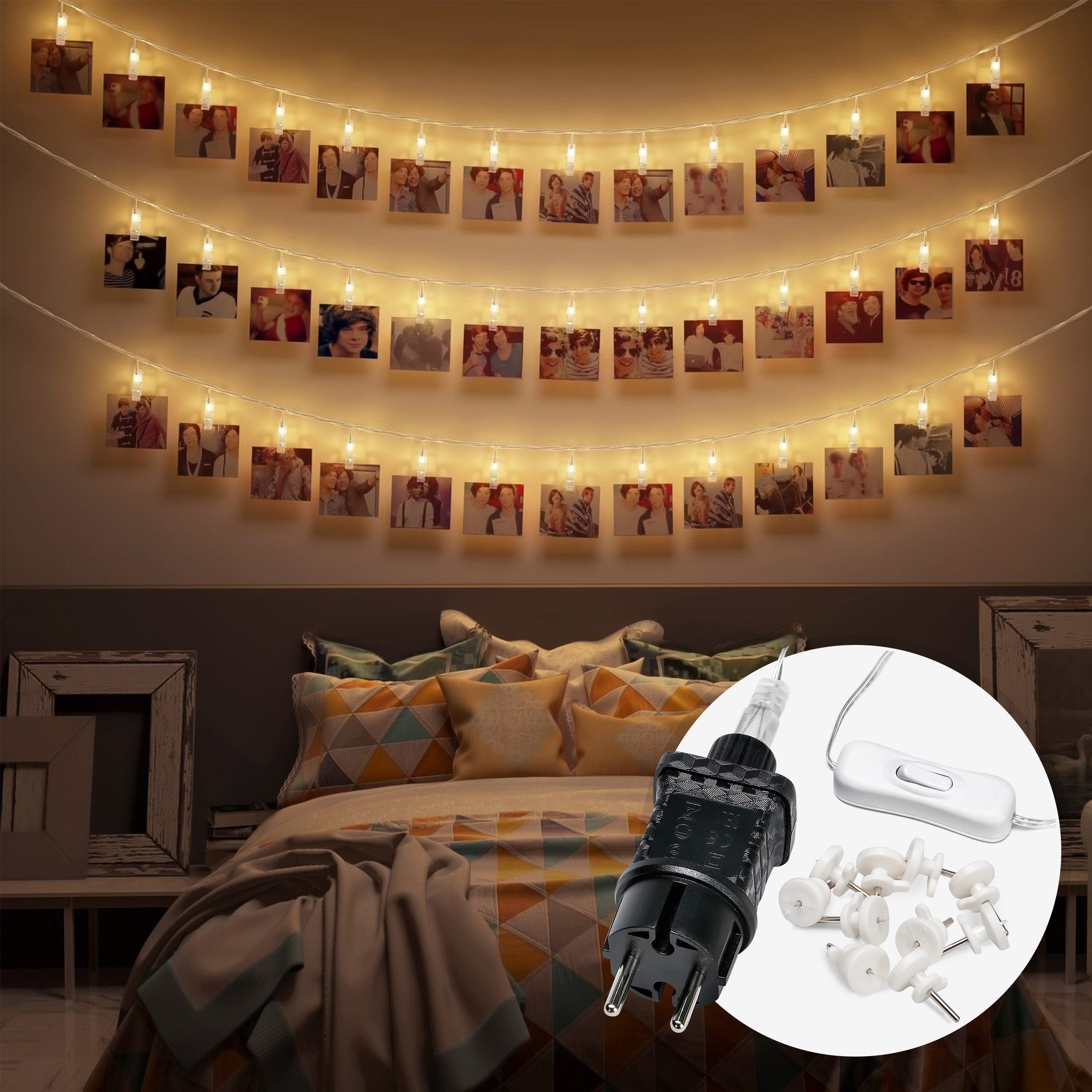 COZY HOME LED-Lichterkette Fotoclip Lichterkette - Batterie und Stecker, 30 Fotoclip LEDs I Timer-Funktion I 6 Meter I Warmweiße LED