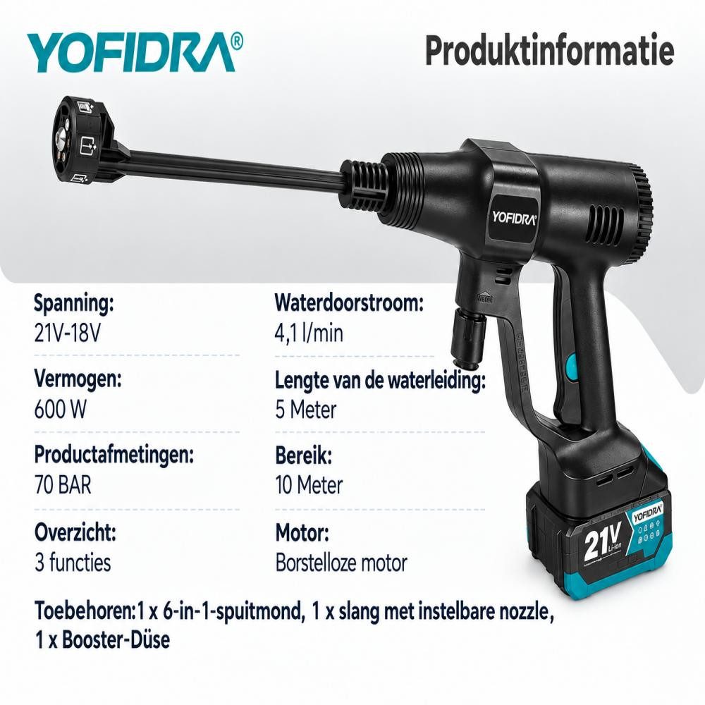 Yofidra Akku-Hochdruckreiniger 70 Bar, 246 l/h,Bürstenlose Tragbarer Hochdruckreiniger, mit 6-IN-1 Düse & 2 Akku,für Auto, Terrasse, Rasen – Bild 2 von 5