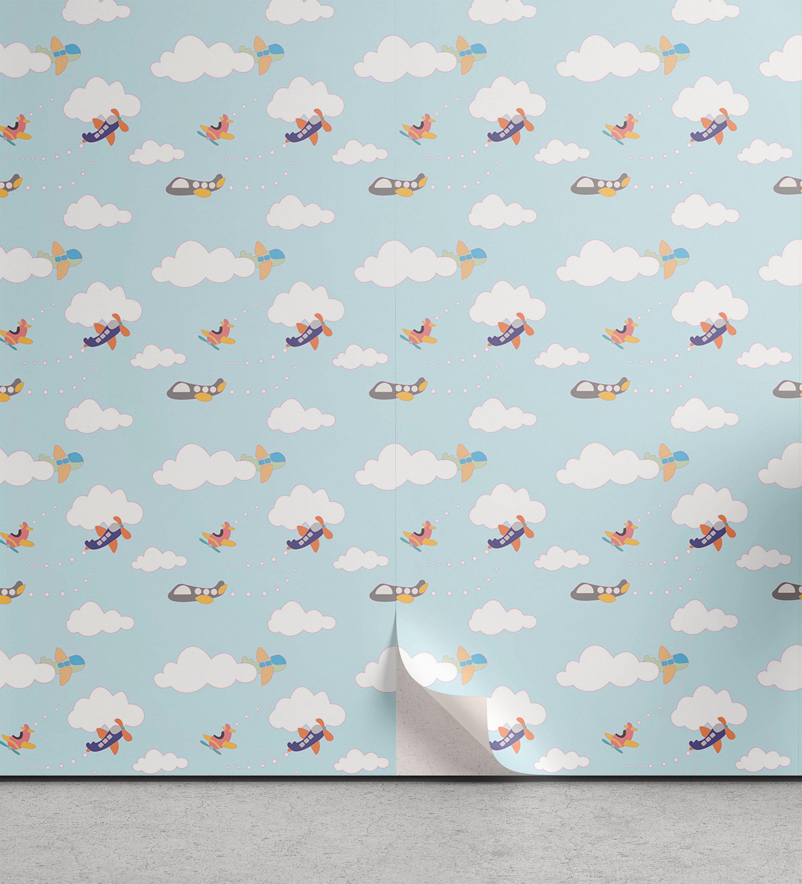 Abakuhaus Vinyltapete selbstklebendes Wohnzimmer Küchenakzent, Flugzeug Wolken und Flugzeuge Cartoon